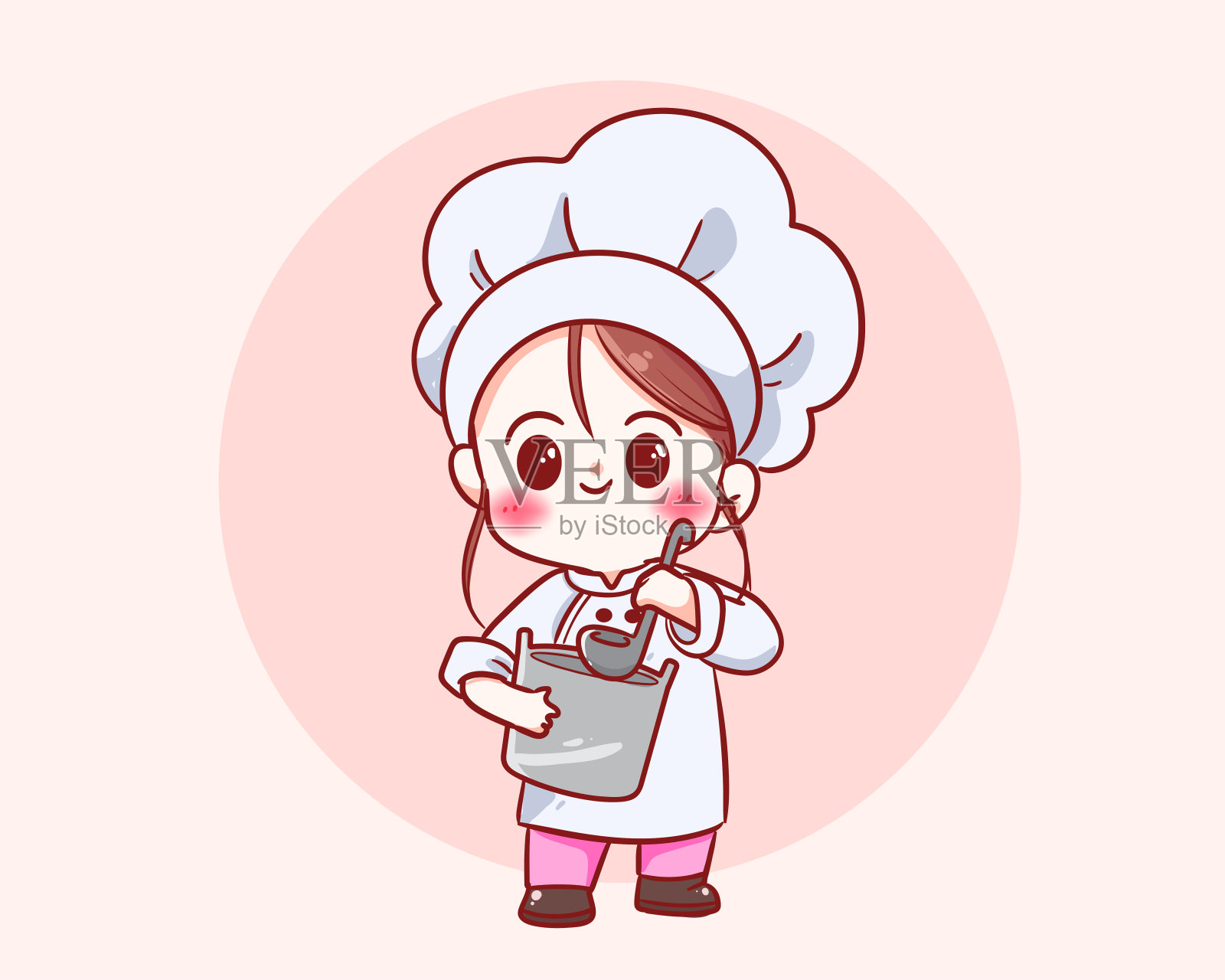 可爱的厨师女孩穿着制服，手握火锅餐厅标志卡通艺术插图设计元素图片