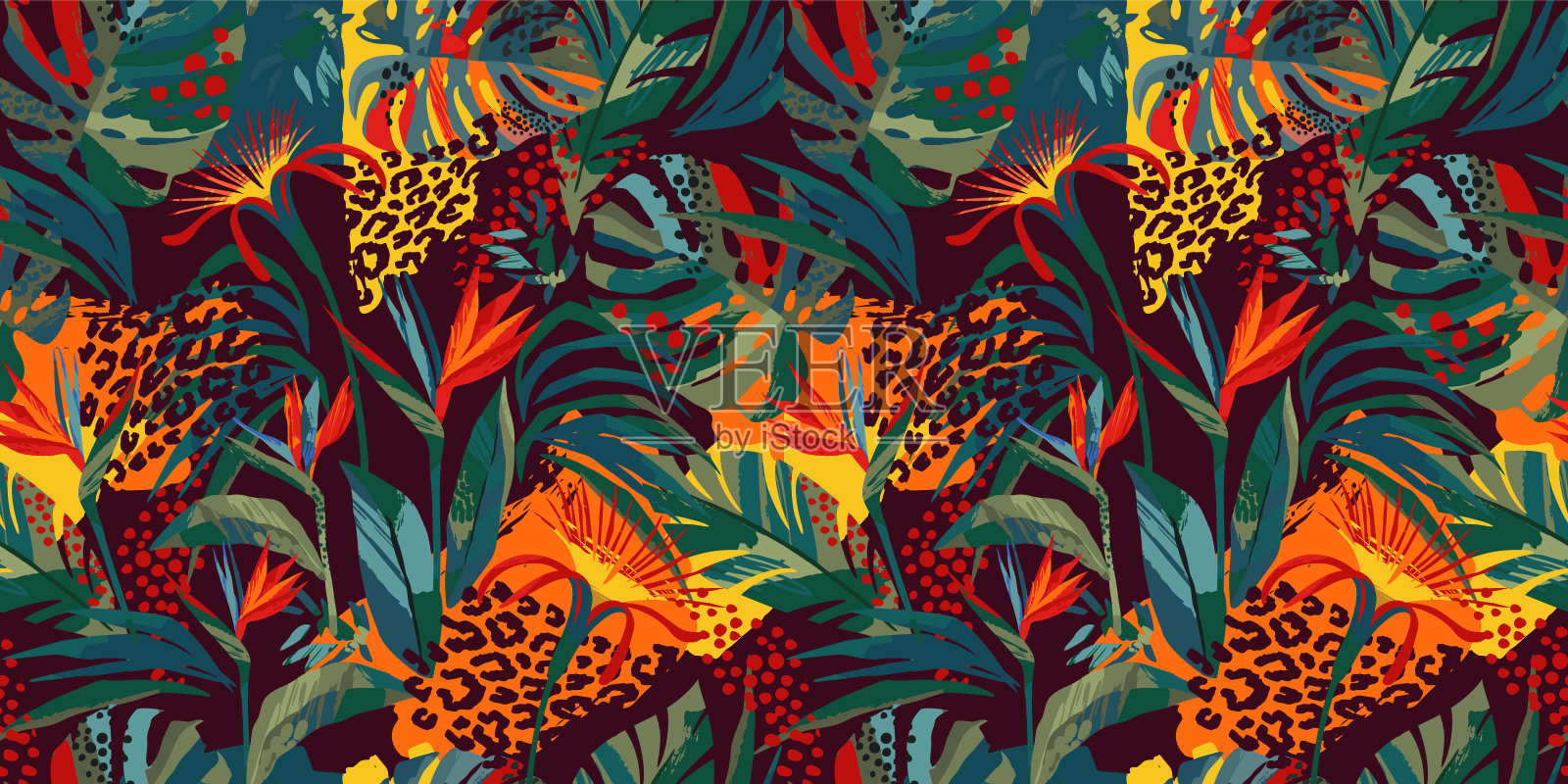 热带树叶和花朵的抽象艺术无缝图案。现代的设计插画图片素材