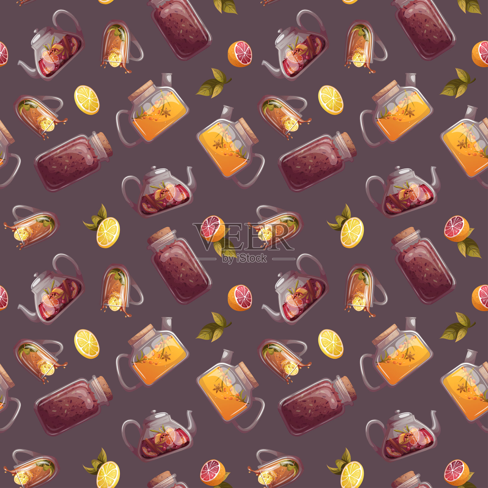 无缝图案与茶杯，茶壶，水果，罐的茶。插画图片素材