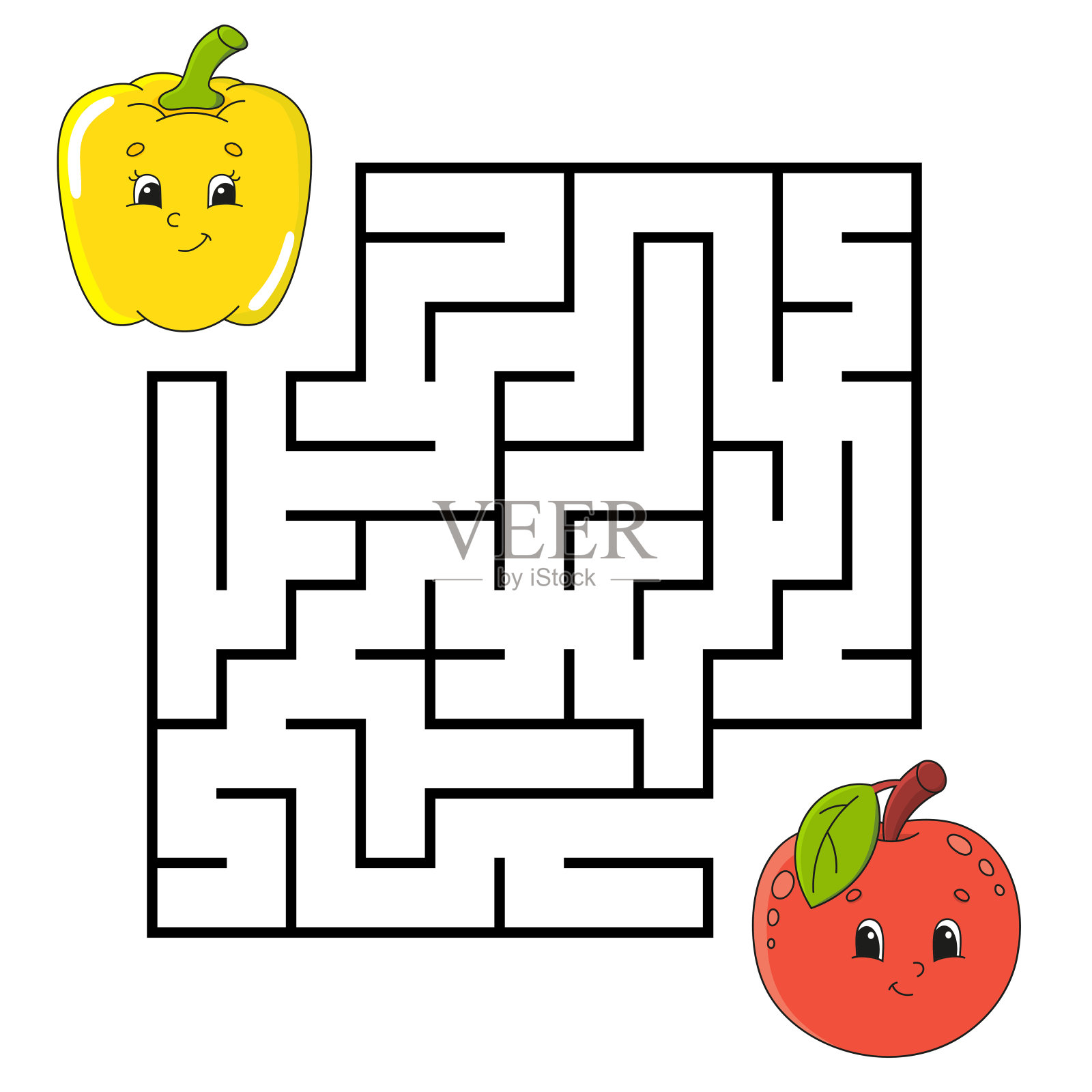 方形迷宫。游戏对孩子。对儿童拼图。迷宫难题。颜色向量插图。孤立的矢量图。卡通人物。蔬菜的主题。插画图片素材