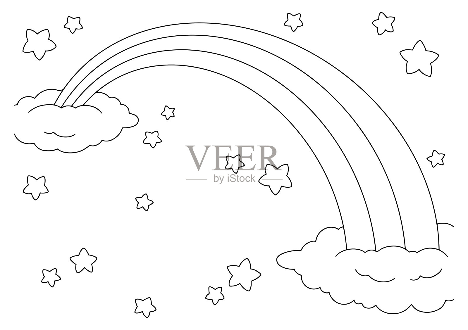 童话般的天空有彩虹，星星和云彩。儿童涂色书页面。卡通风格的角色。矢量插图孤立在白色背景。插画图片素材