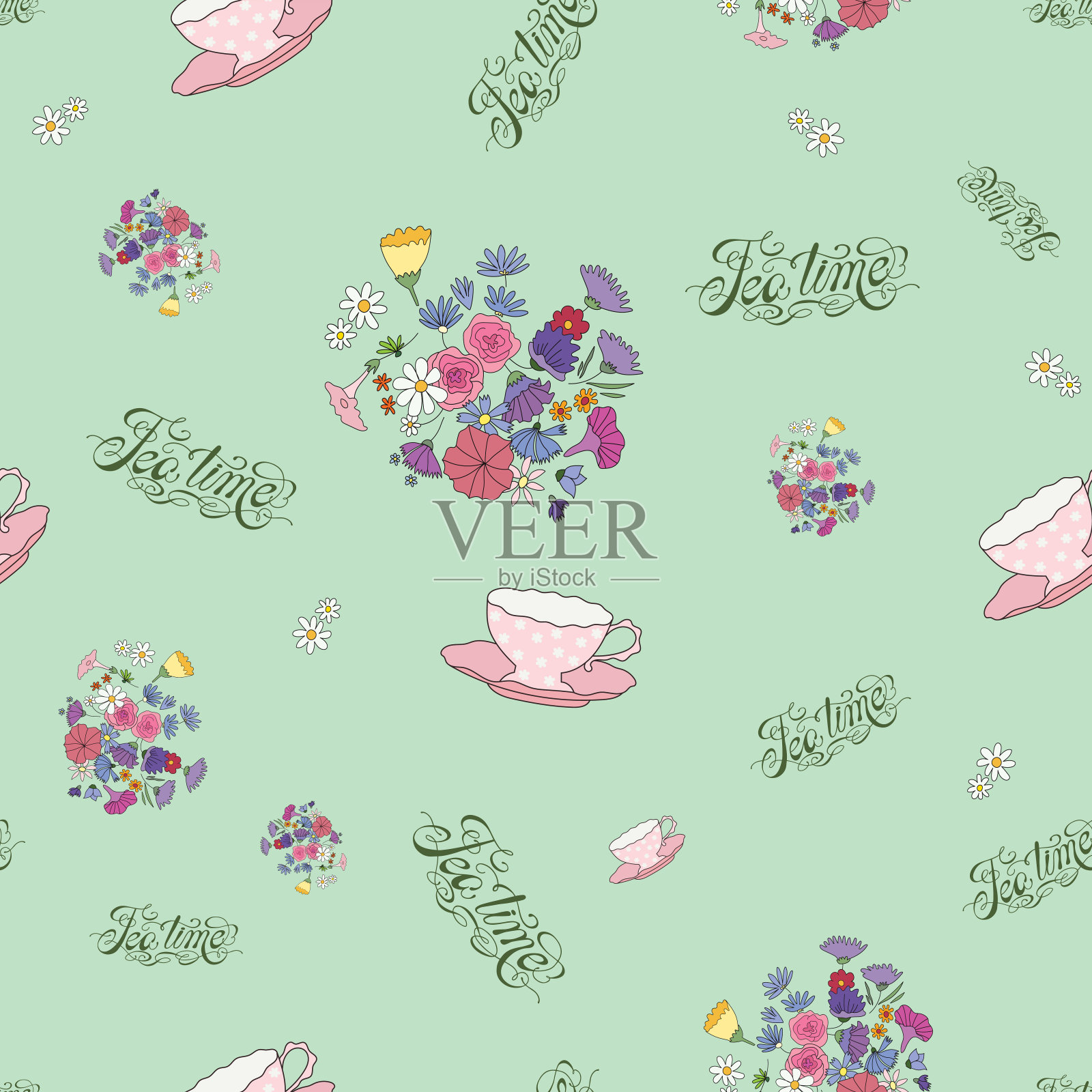 茶时间手绘无缝图案与字母，花朵，茶杯在绿色的背景。插画图片素材