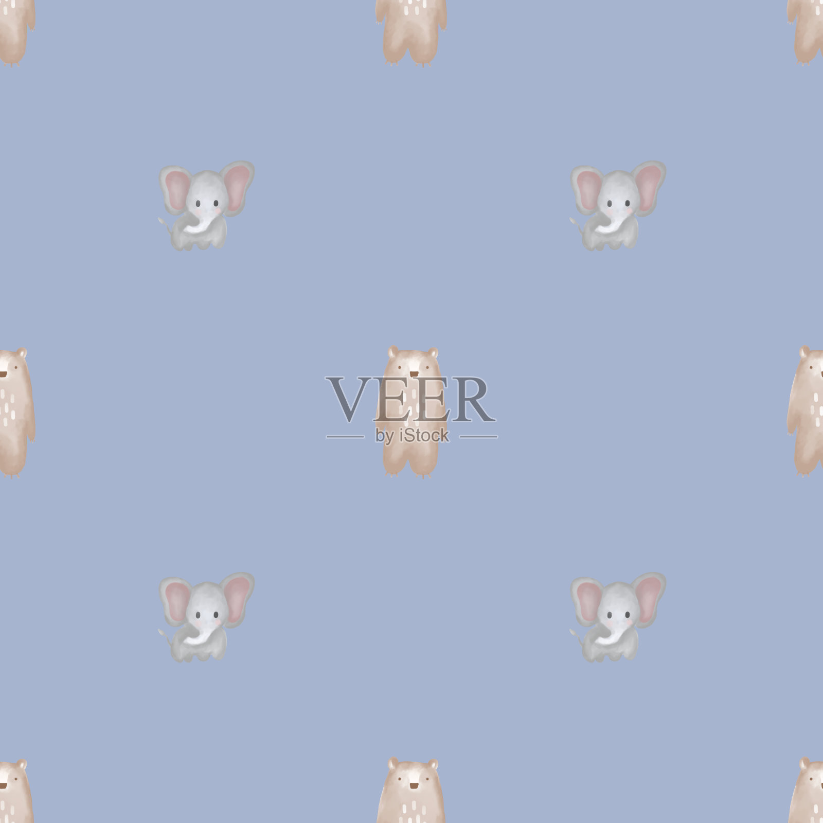 可爱无缝手绘水彩熊和大象图案背景插画图片素材