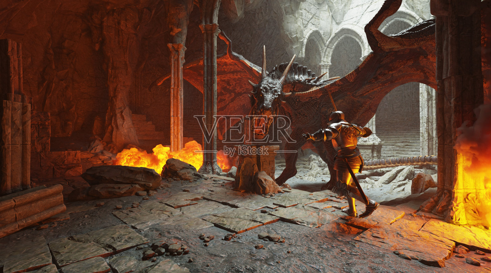 奇幻战斗场景与龙攻击中世纪骑士3d插图照片摄影图片