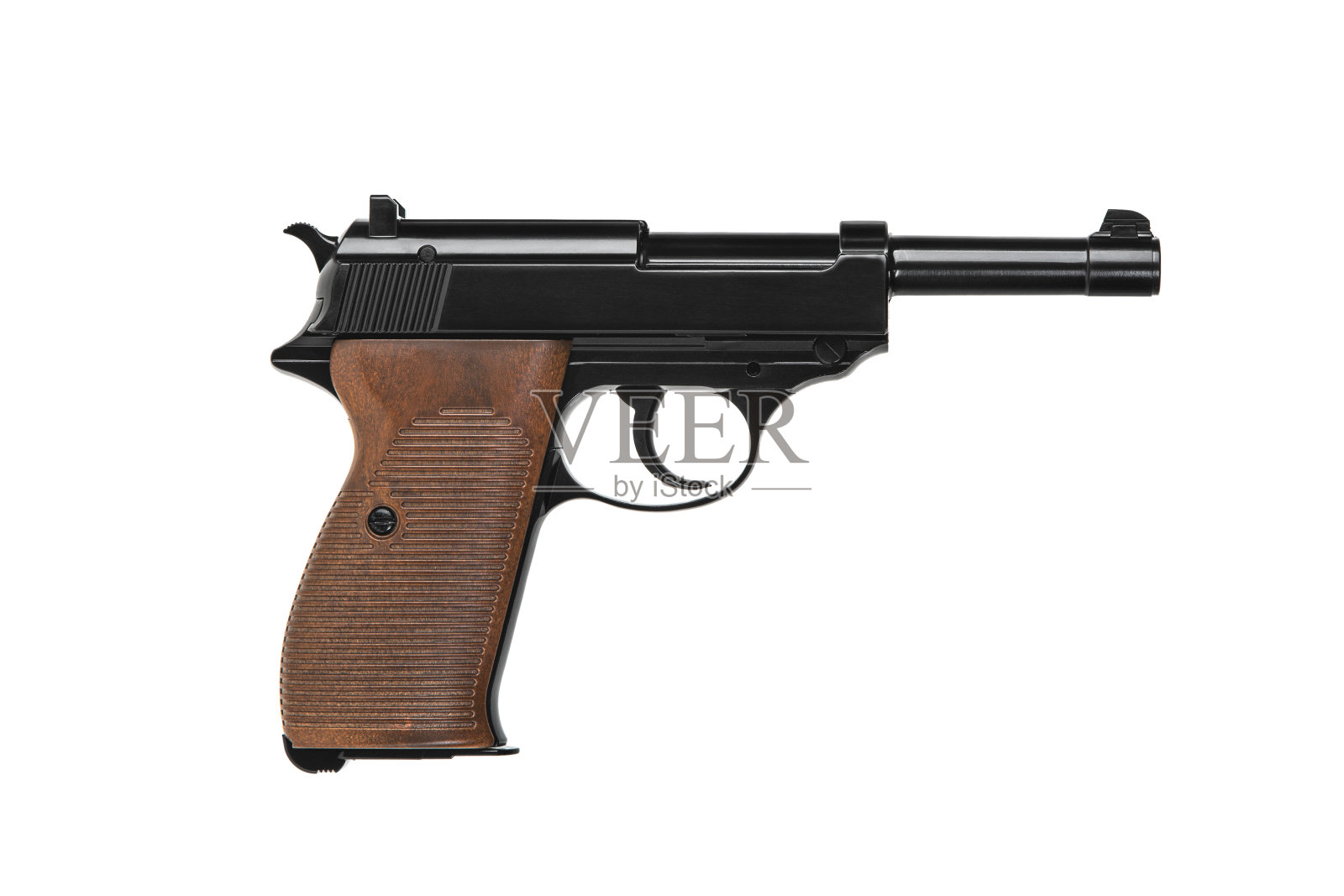 空气枪。现代气动武器用于空中软、运动和娱乐。一个假人，一把真枪的复制品。在白色背景上隔离。照片摄影图片