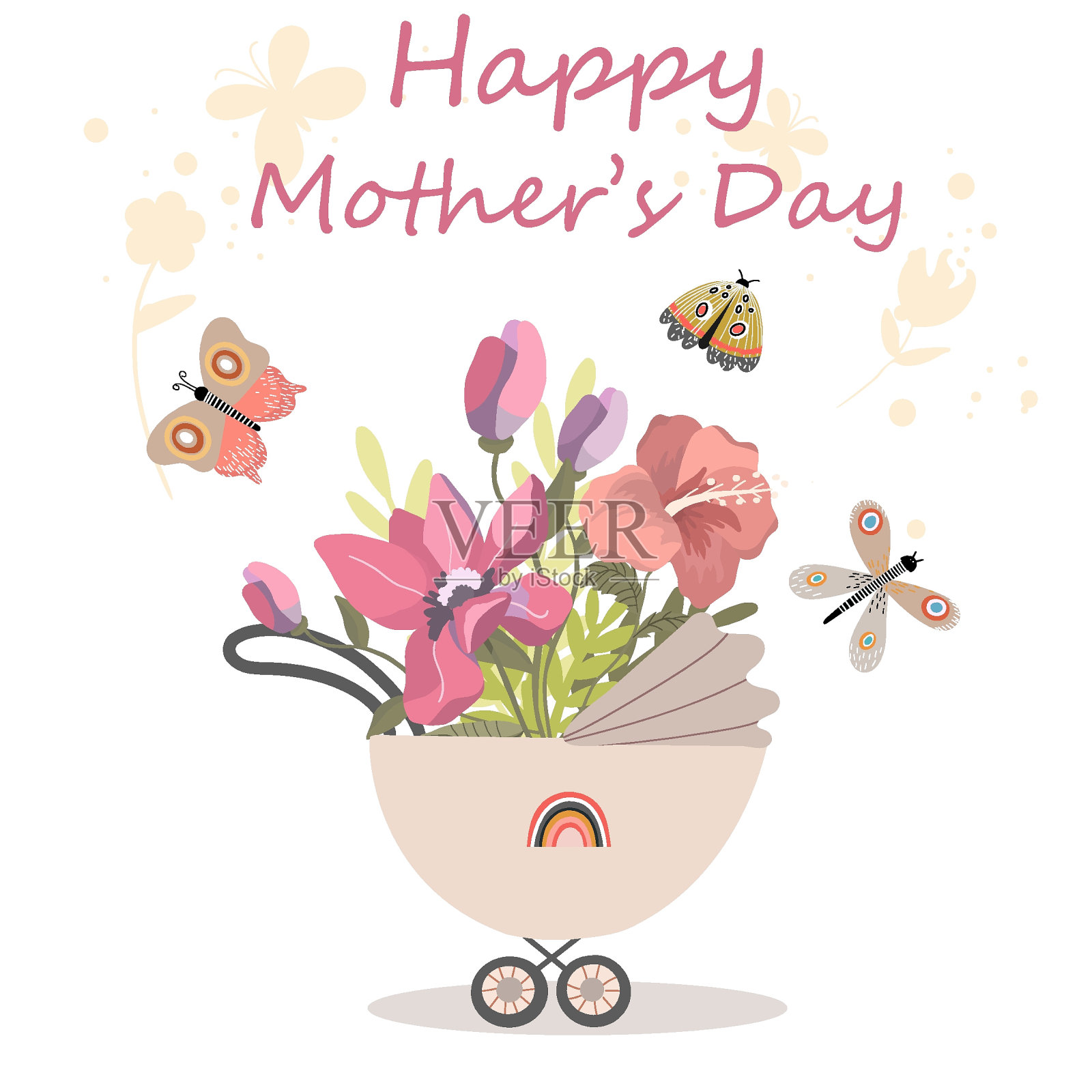 矢量插图婴儿推车与一束花，木兰花，芙蓉，母亲节快乐。插画图片素材