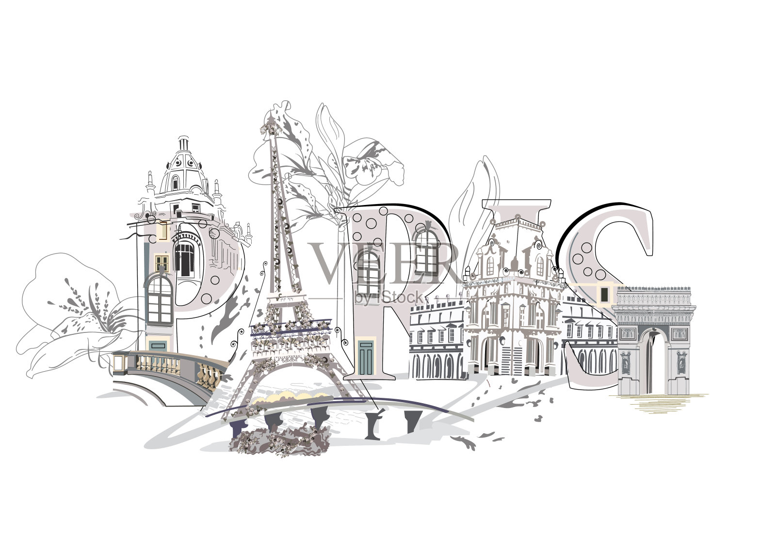 巴黎文字装饰有鲜花和埃菲尔铁塔等建筑景观。插画图片素材