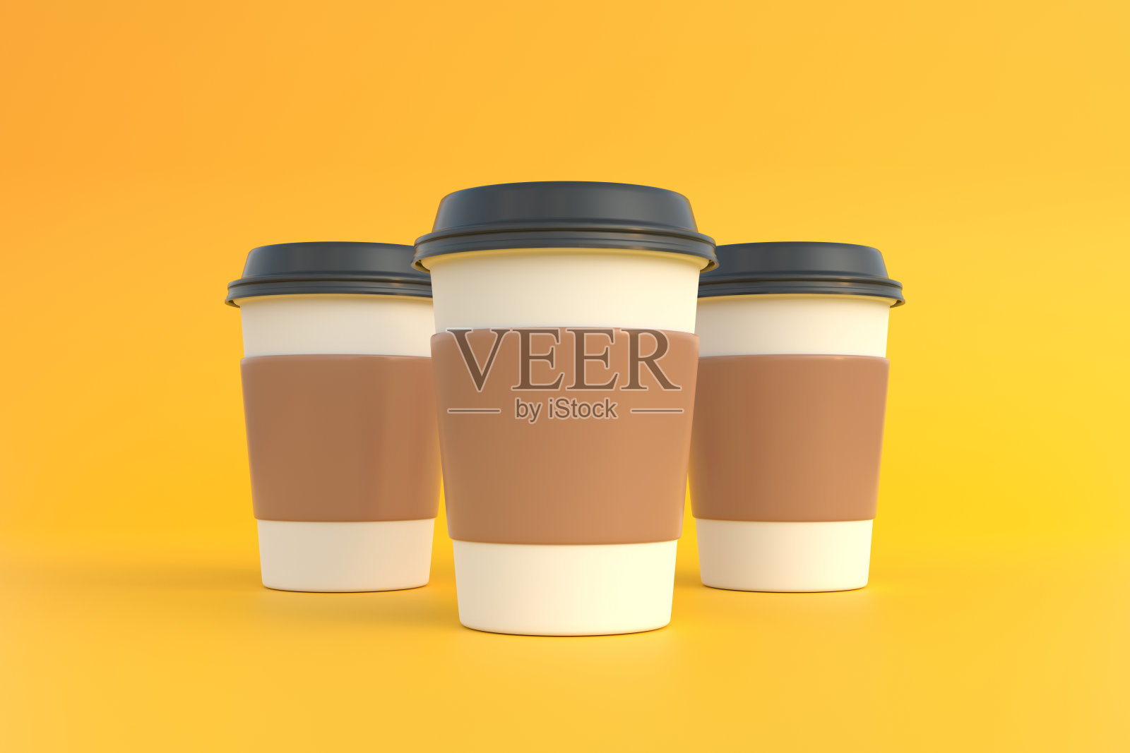 三个一次性纸杯咖啡杯，黑色盖子，黄色背景照片摄影图片