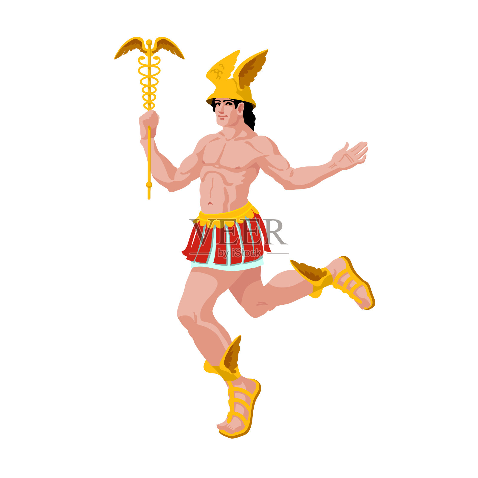 拿着金杖飞翔的赫尔墨斯。古希腊掌管贸易和运气的神。插画图片素材