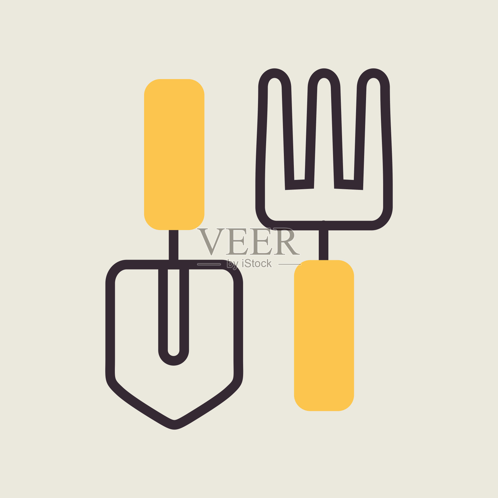 园艺工具设置图标。铲、干草叉耙。插画图片素材