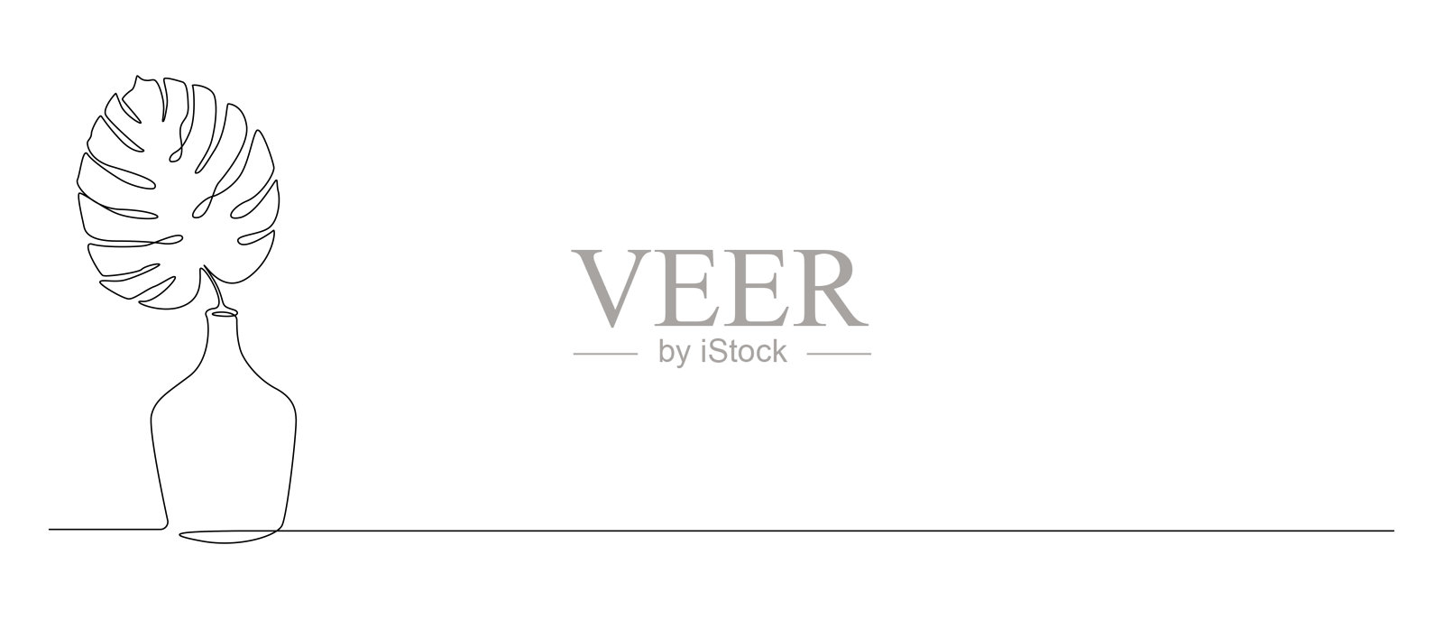 一幅连续的画在花瓶里的叶子。时尚波西米亚风格的房子花设计婚礼和贺卡在简单的线性风格。可编辑的中风。画矢量图插画图片素材