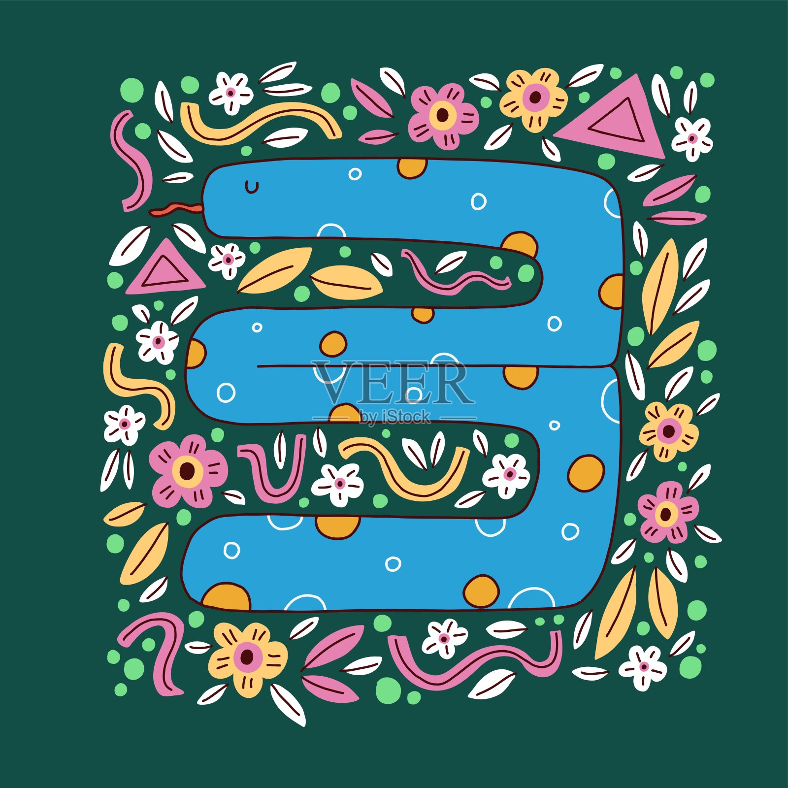 蛇手绘平面插图孤立在绿色花卉背景。可爱的动物彩色儿童印刷。插画图片素材