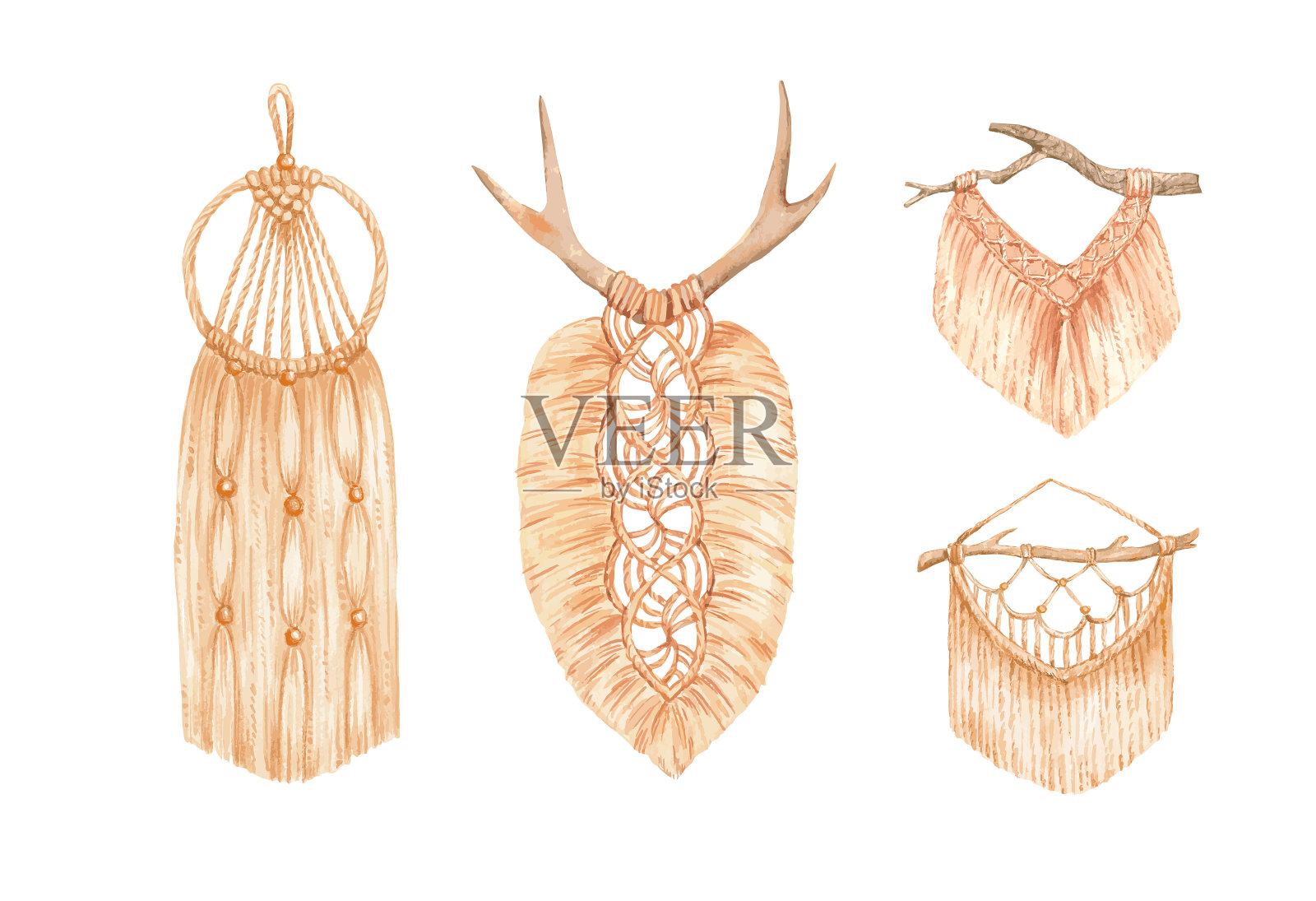 水彩手绘波西米亚编结集孤立向量插图插画图片素材