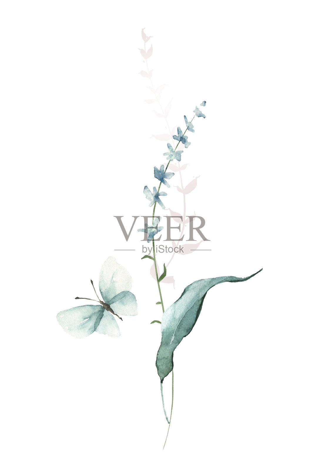 水彩花束。野生花园粉红色，绿松石，蓝色和绿色的树枝，树叶，嫩枝和蝴蝶。插画图片素材