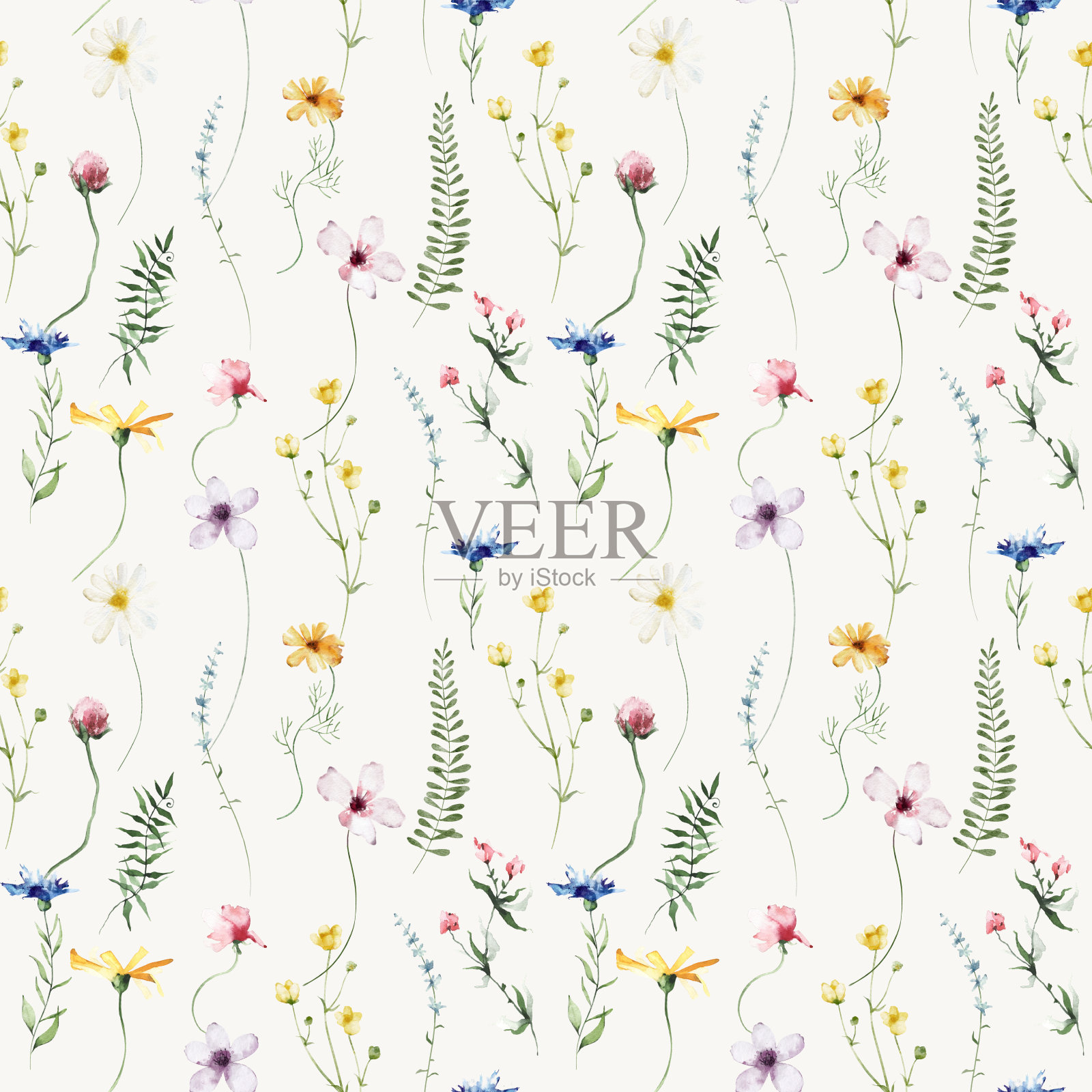 水彩花卉无缝图案。黄色洋甘菊，蓝色矢车菊，紫色，粉红色的野花在米色背景。插画图片素材