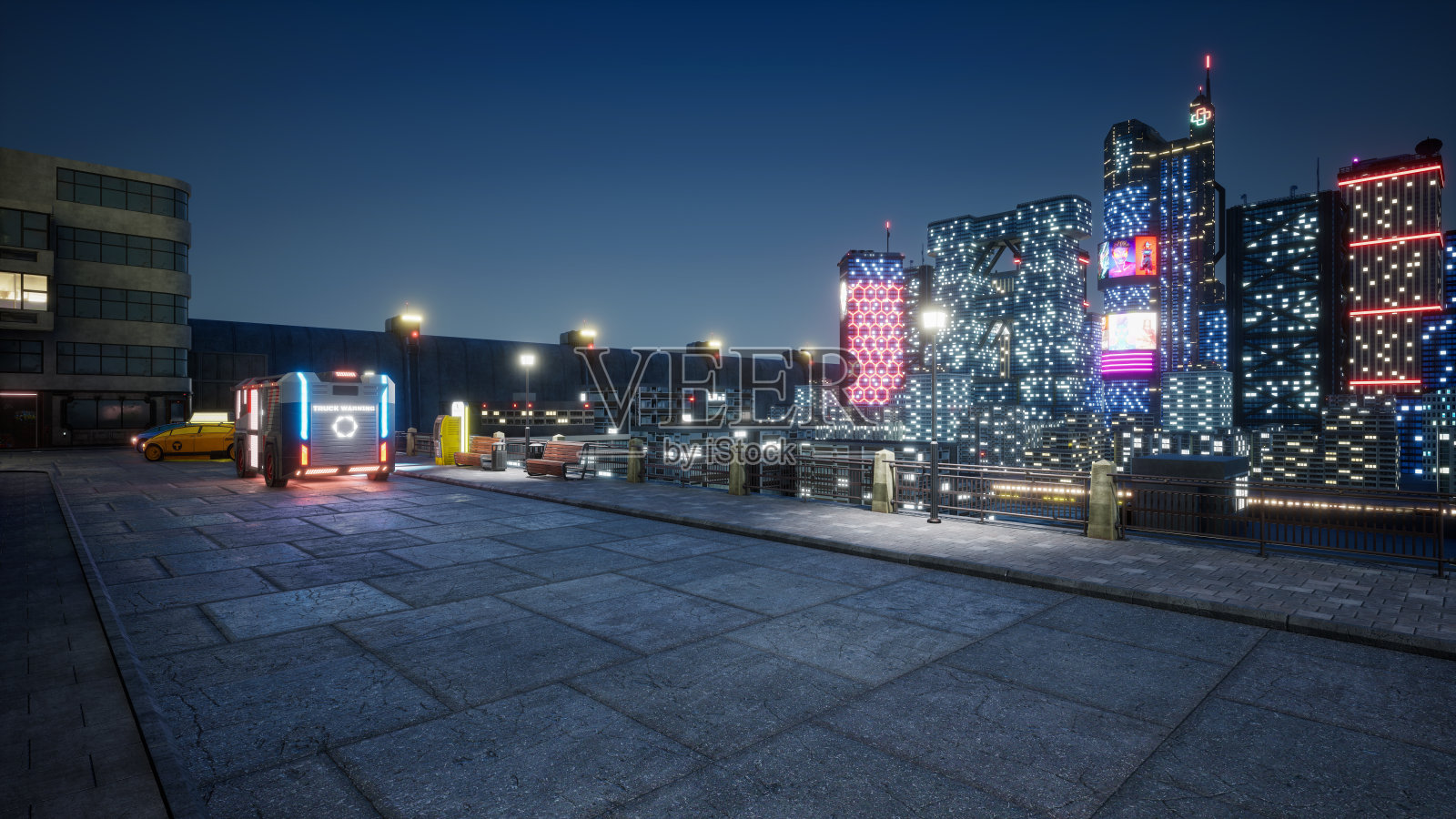 赛博朋克城市街道，3d渲染照片摄影图片