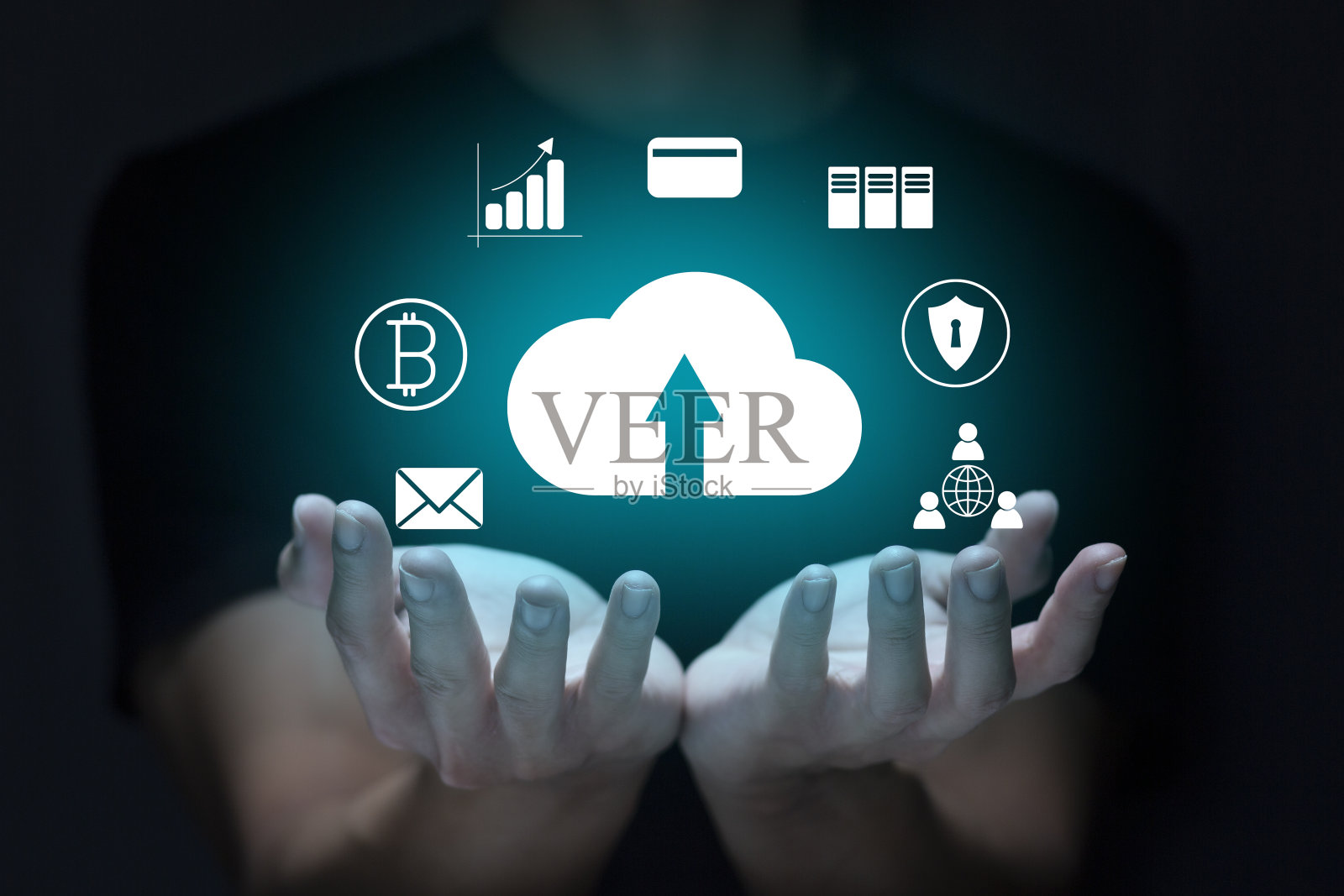 触摸虚拟屏幕扫描指纹，数字化转型管理概念。物联网、大数据和业务流程、自动化、存储系统、云计算照片摄影图片