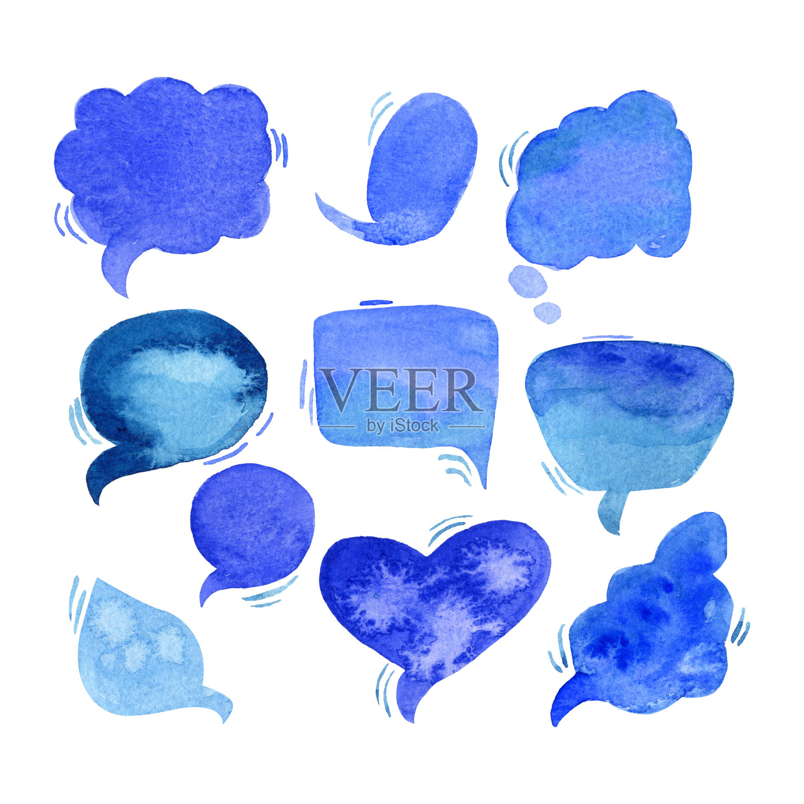 对话框设置。水彩蓝色语音气泡收集在白色背景。插画图片素材