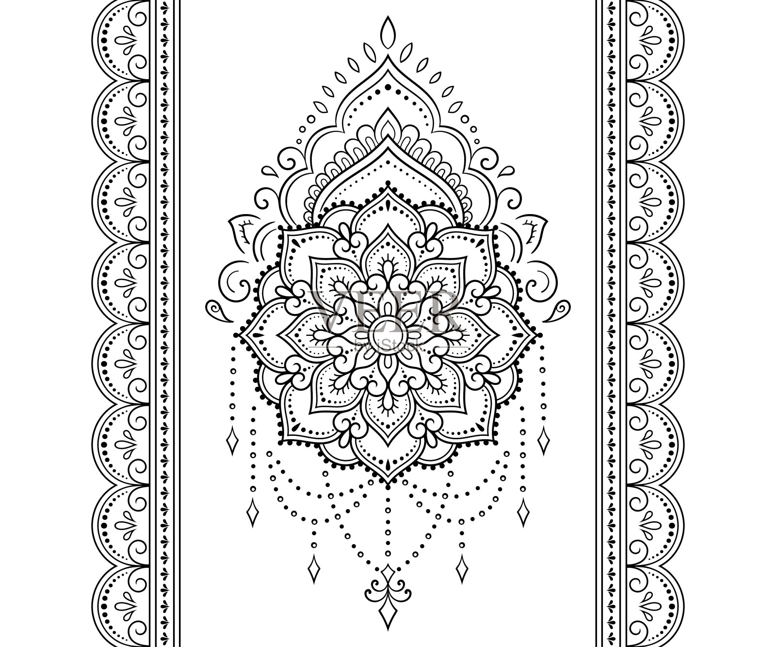 曼陀罗图案和无缝边框，用于指甲花绘画和纹身：民族东方风格装饰，黑白涂鸦手绘矢量插画插画图片素材