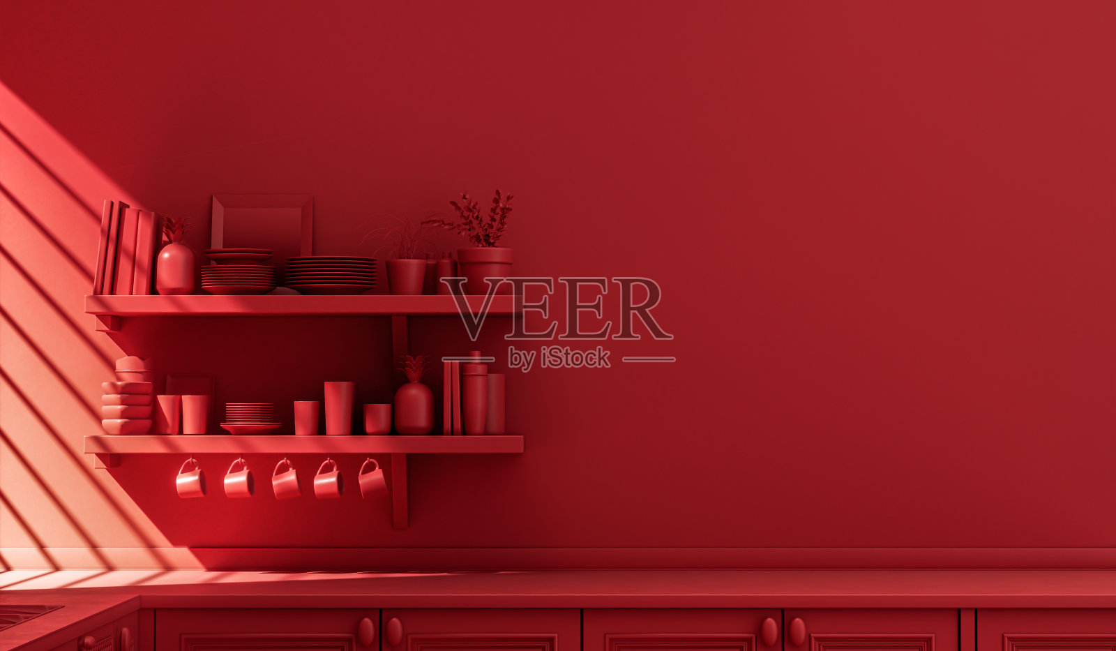 红色的壁挂式厨房梳妆台和器皿里面的单色，单色的红色厨房照片摄影图片