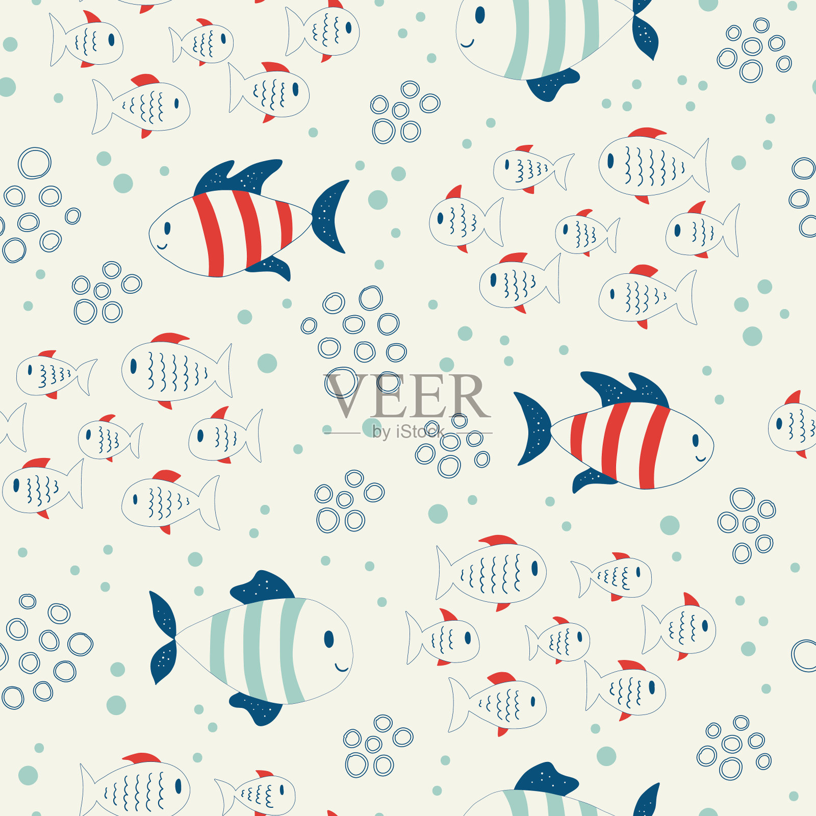 矢量手绘彩色儿童无缝重复简单的平面图案与鱼在斯堪的纳维亚风格。可爱的动物宝宝。海中。海洋插画图片素材