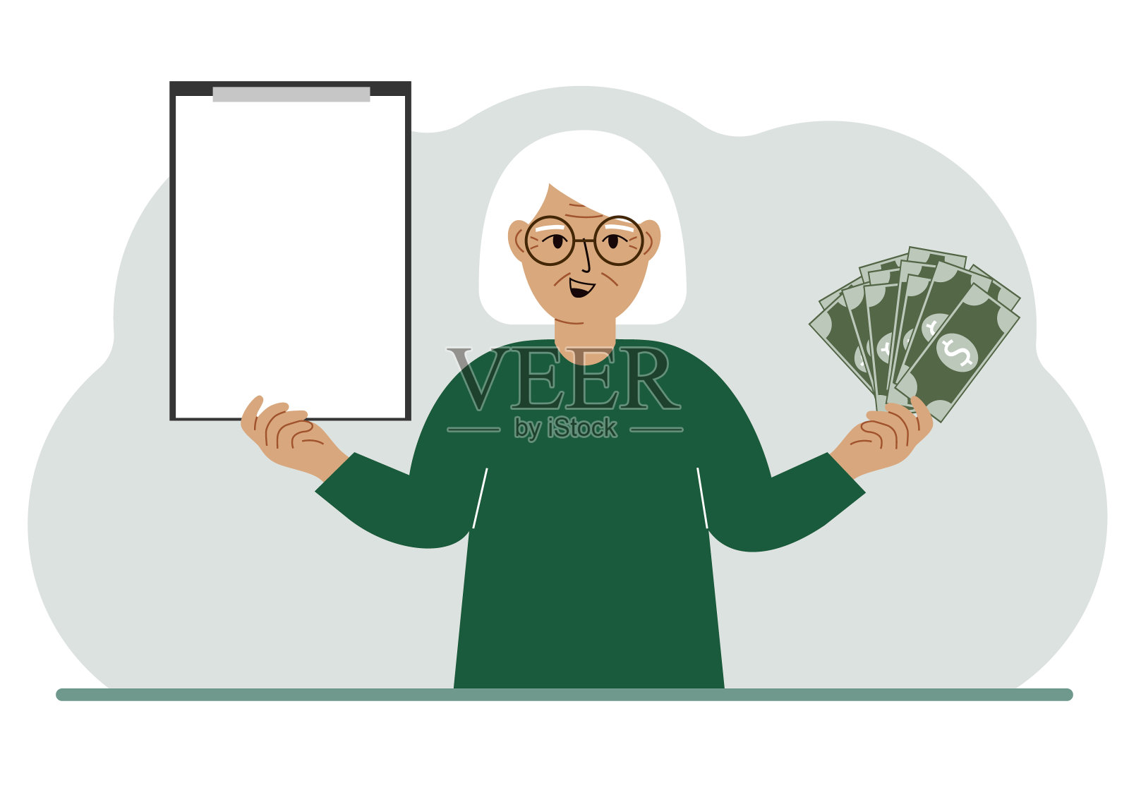 一个老妇人一只手拿着很多纸币，另一只手拿着一个空着写字的剪贴板。赚取或节省金钱的广告横幅或海报的概念。插画图片素材