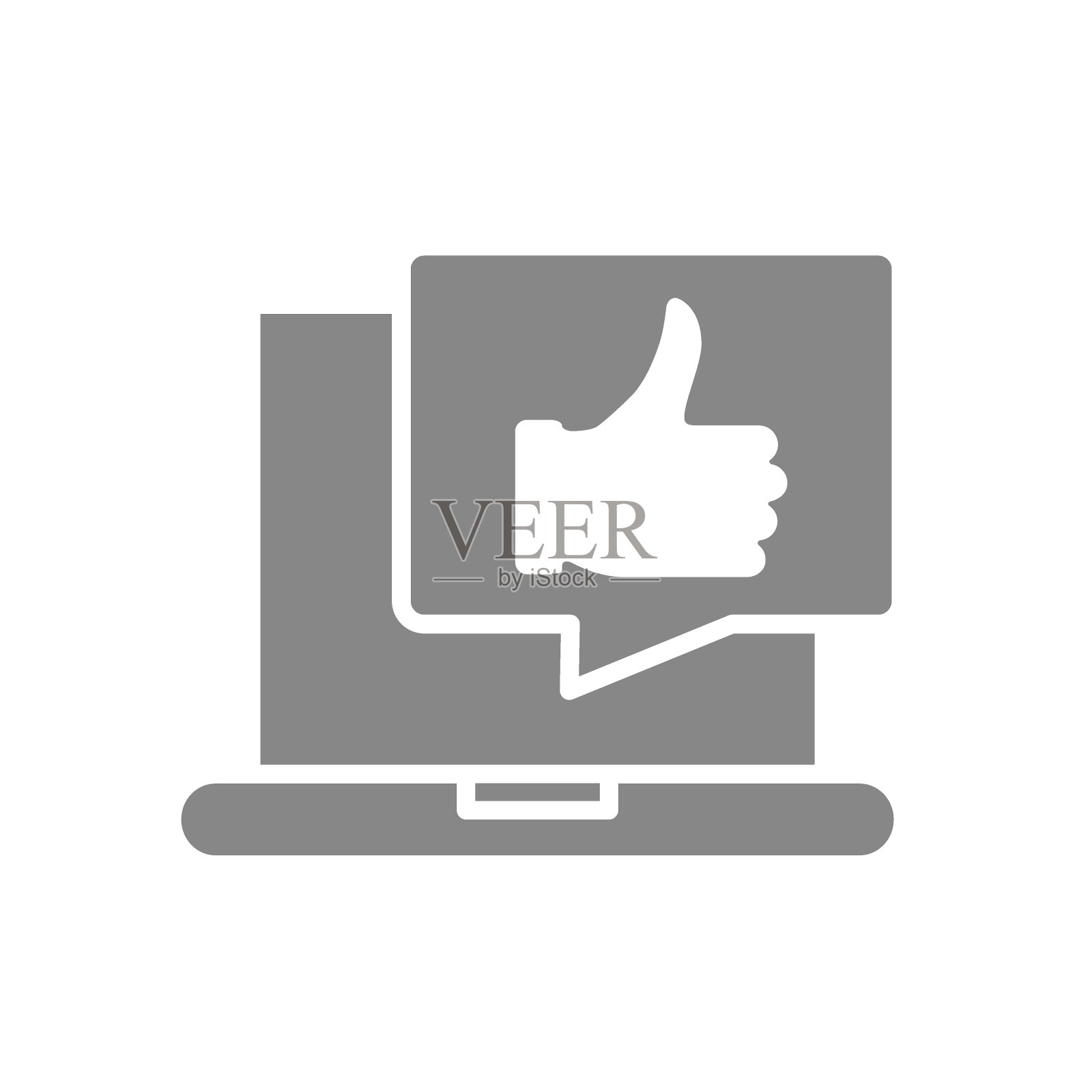 笔记本电脑与拇指在语音气泡灰色图标。用户反馈，消息与喜欢的符号图标素材