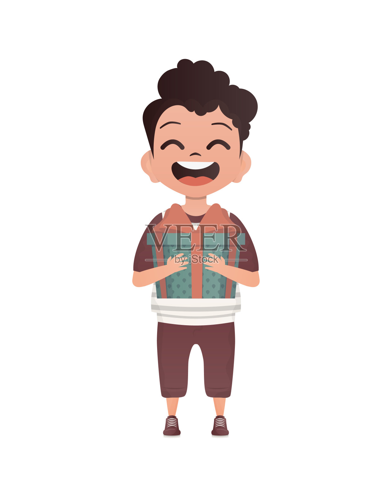 一个学龄前的小男孩完全成长，手里拿着一个礼品盒。生日、新年或假日主题。卡通风格,孤立。设计元素图片