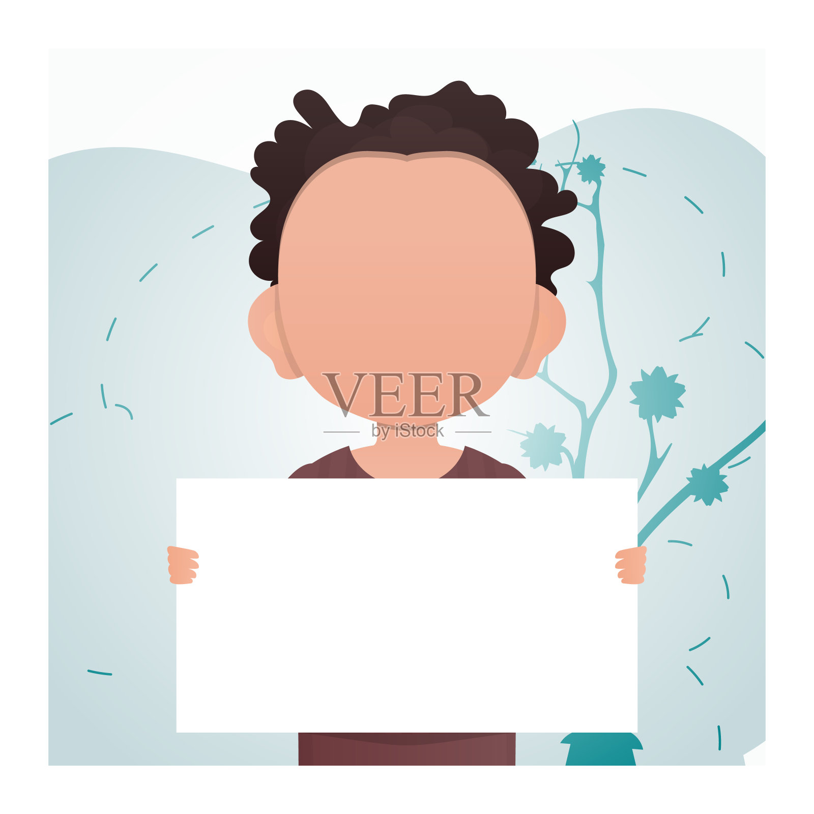 一个小男孩拿着一张白纸。广告。卡通风格。插画图片素材