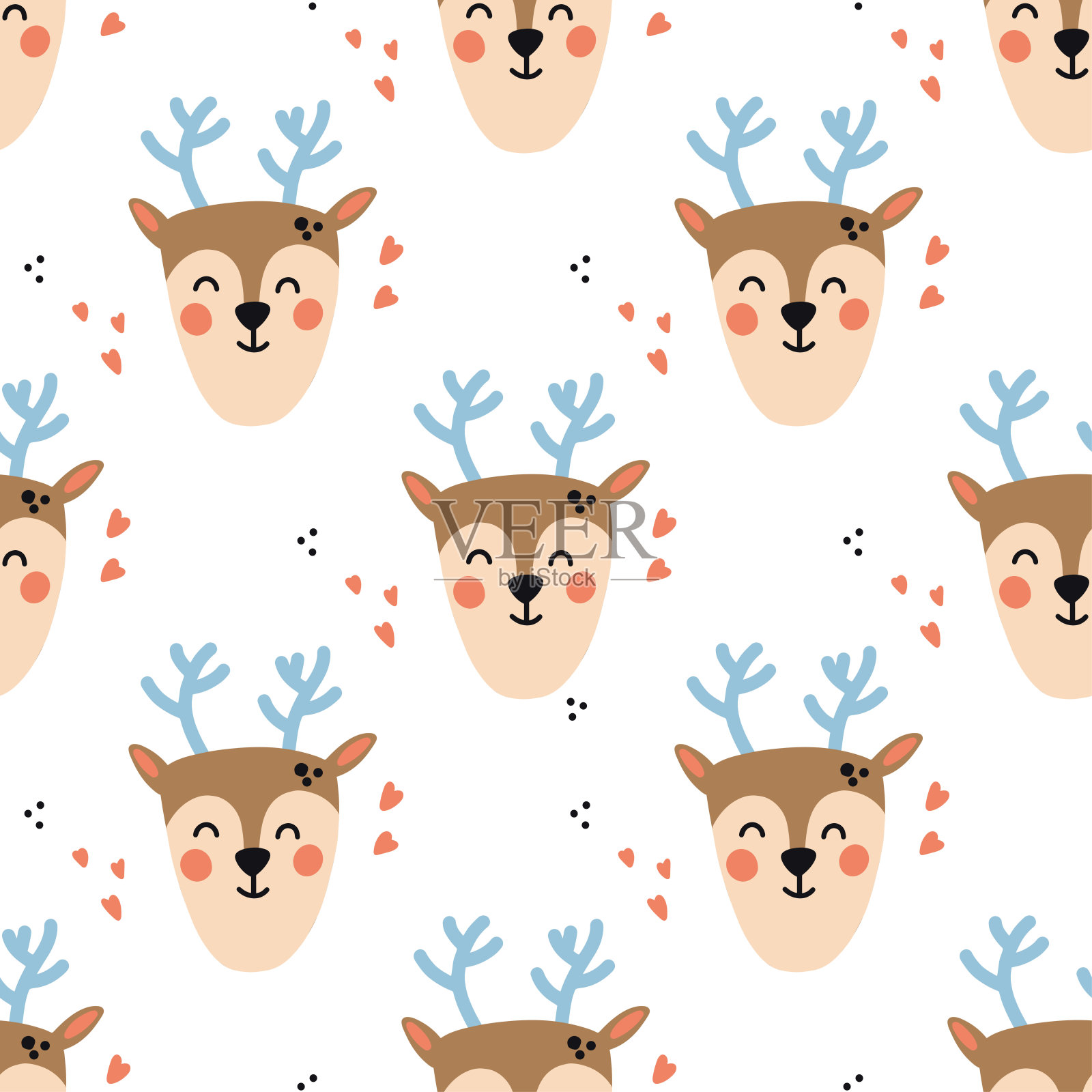 可爱的鹿。向量。卡通风格。无缝图案，背景，墙纸。适合打印插画图片素材