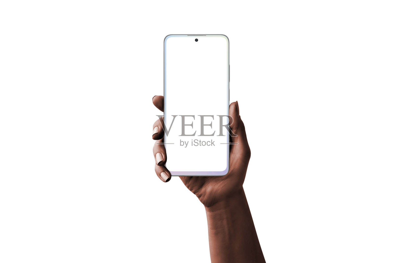 深色皮肤女性手持智能手机与隔离屏幕的应用程序设计演示照片摄影图片
