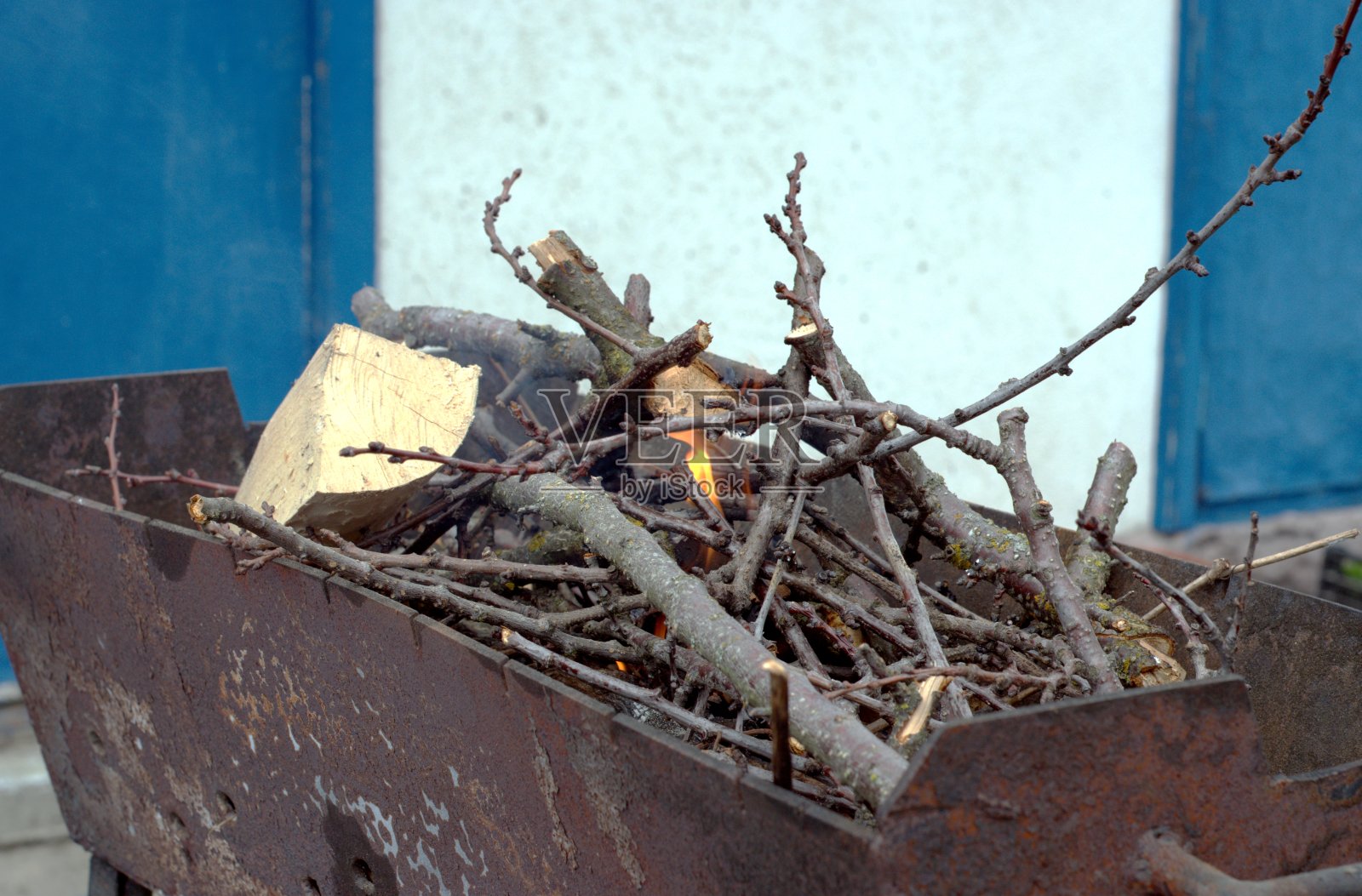 果树的树枝在火盆里燃烧着。照片摄影图片