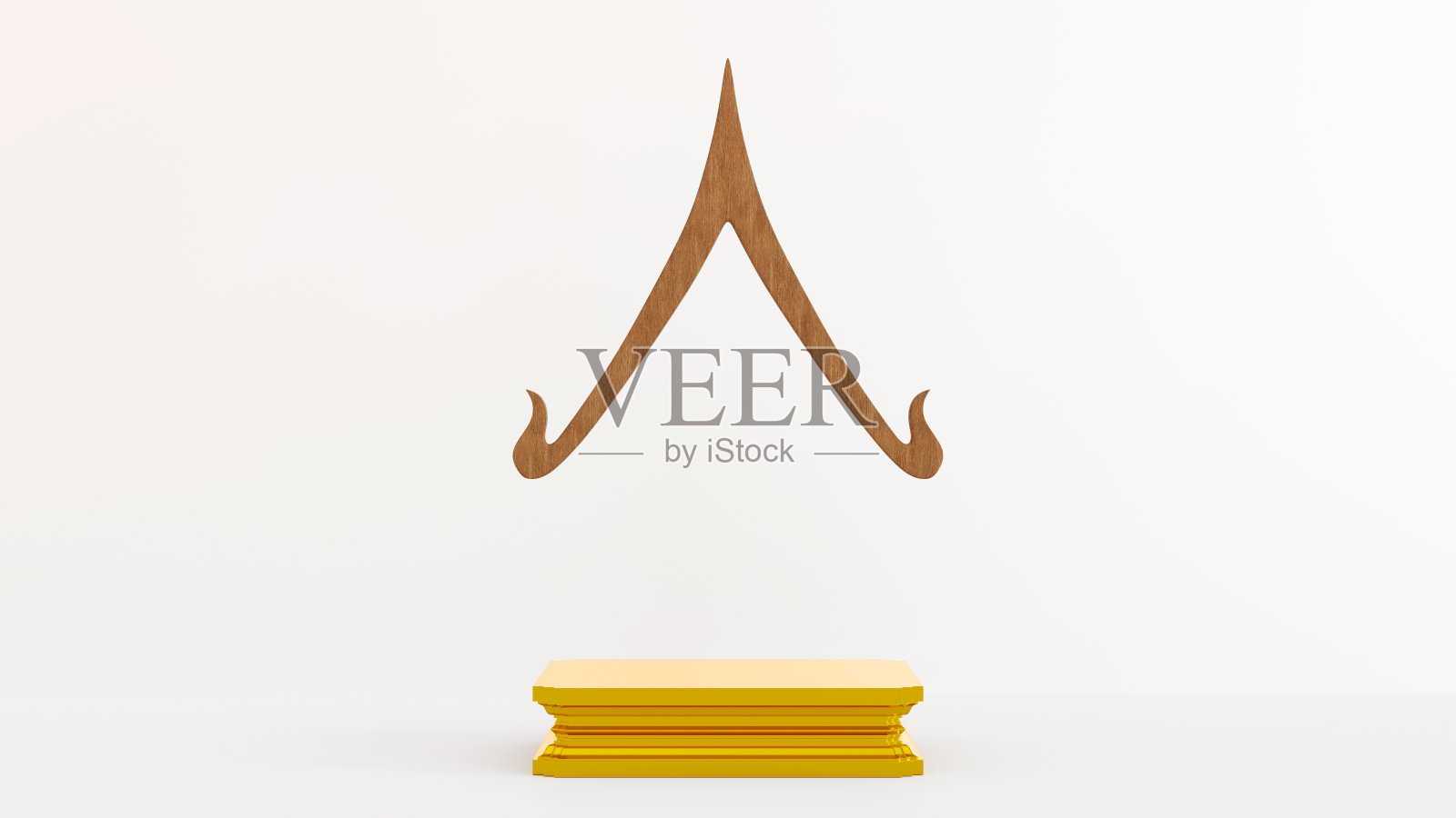 金色裙台或佛像基座裙台，屋山墙屋顶造型泰式，舞台为产品，3D渲染。照片摄影图片