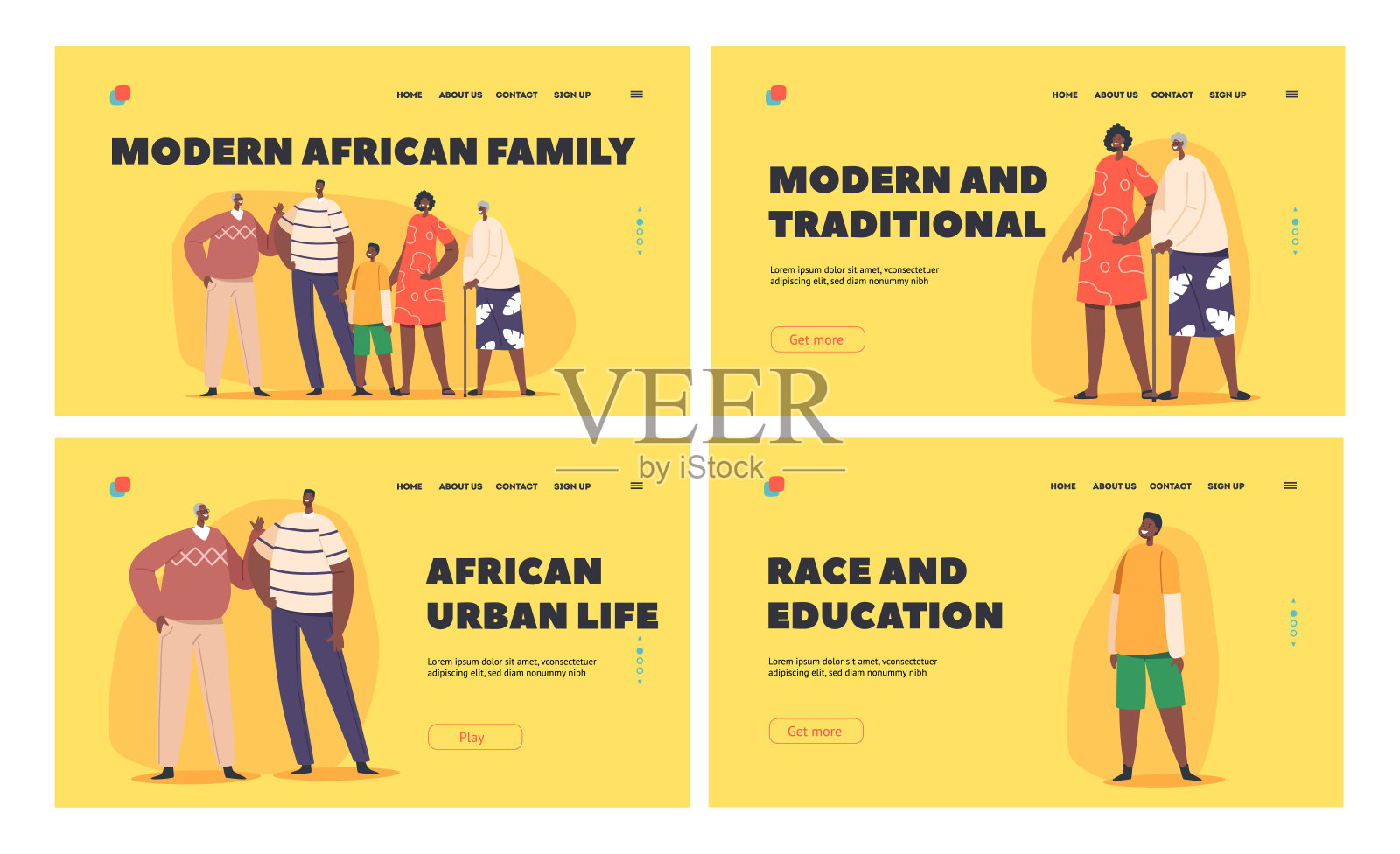 现代非洲家庭登陆页面模板集。父母、祖父母和孩子站在一起插画图片素材