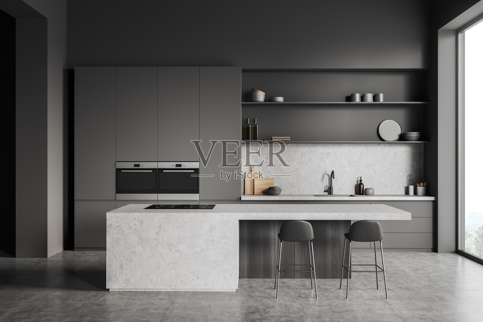 灰色厨房设置内部岛和座位，货架和厨房用具，窗户照片摄影图片