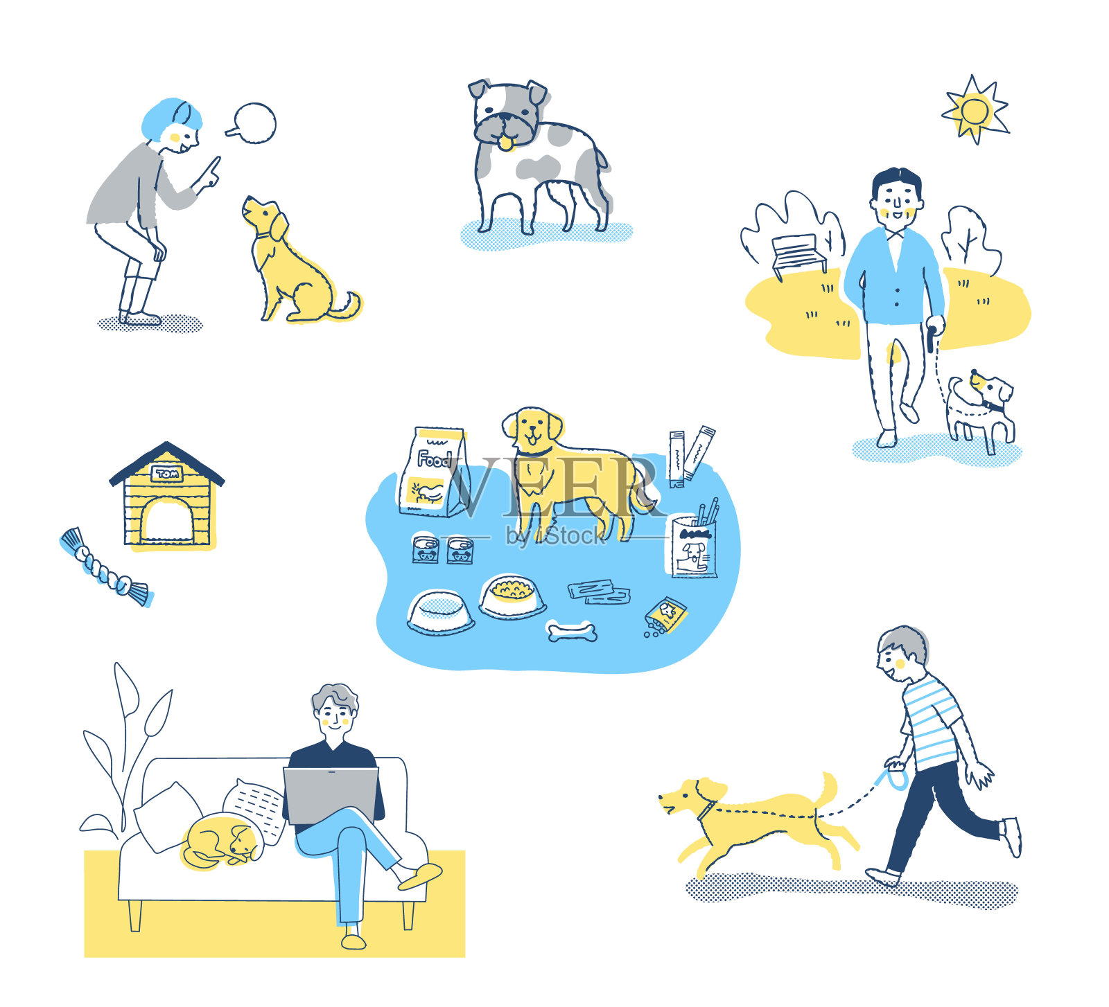 一组各种宠物的生活场景插画图片素材