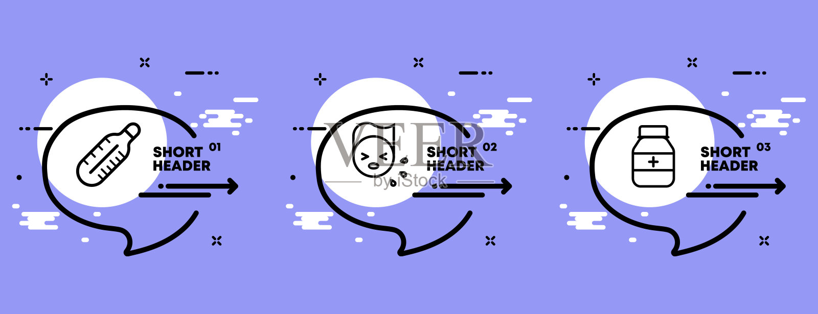 疾病组图标。温度，咳嗽，打喷嚏，温度计，治疗，药片。卫生保健的概念。信息图表时间表与图标和3个步骤。矢量线图标的业务和广告插画图片素材