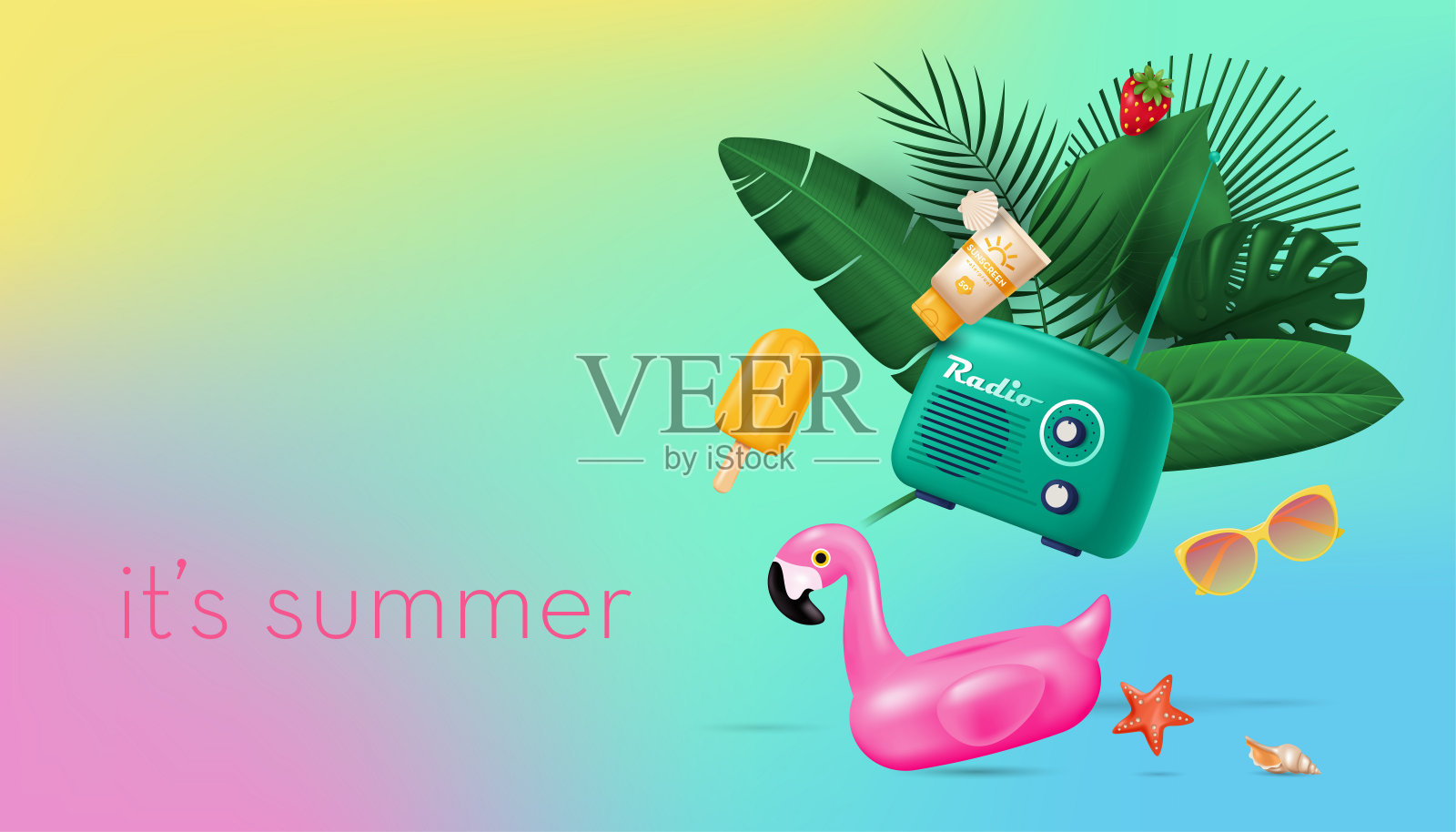 夏季横幅与各种矢量元素在现实的3D最小风格设计模板素材