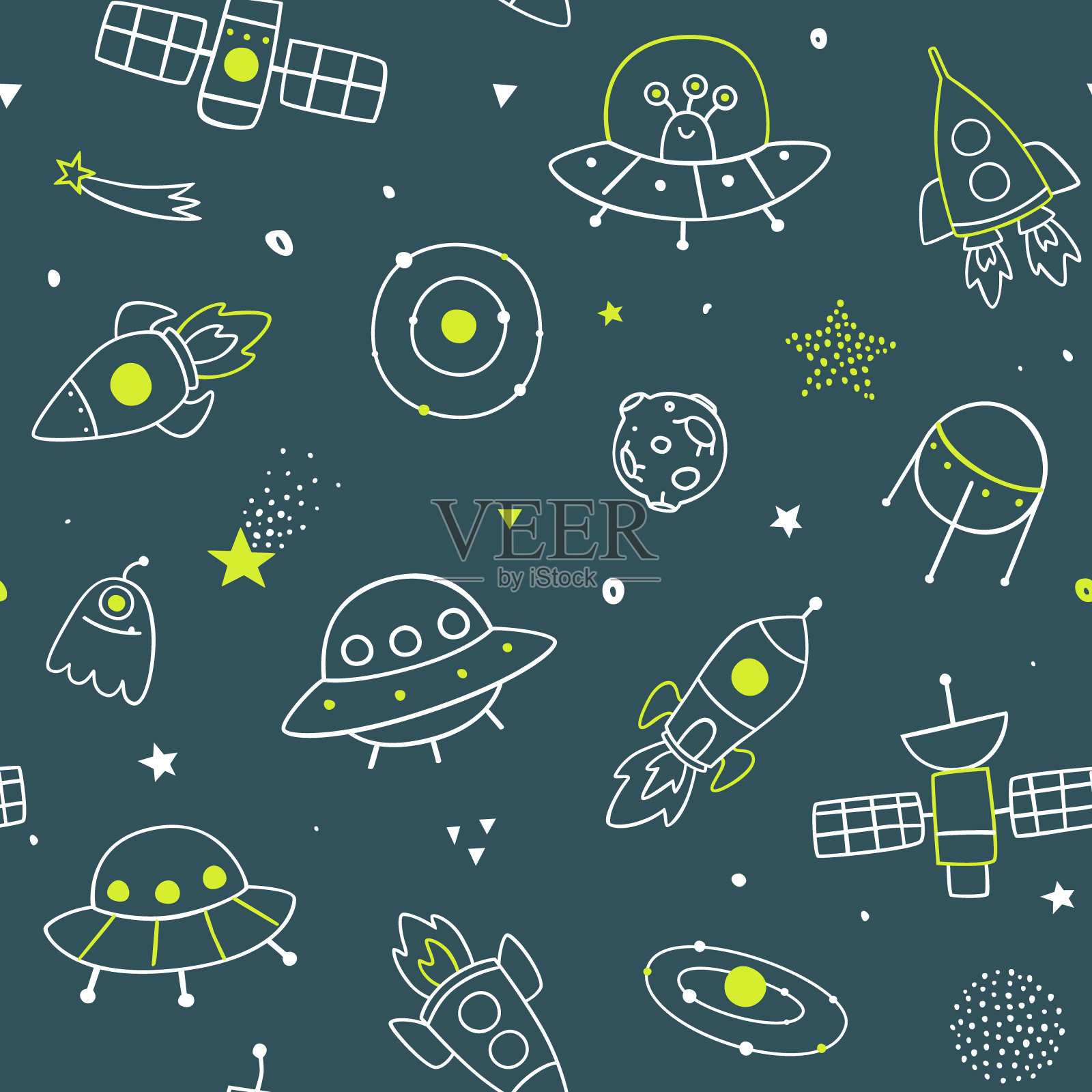 用宇宙飞船勾勒出宇宙图案。空间矢量无缝打印婴儿纺织品。插画图片素材