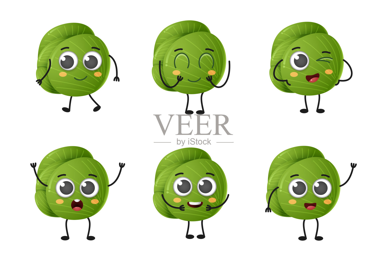 可爱的卡通绿色卷心菜蔬菜向量字符集孤立在白色背景插画图片素材