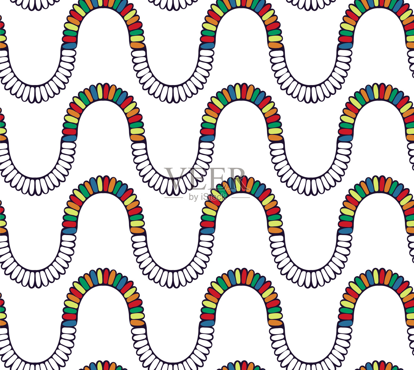 趣味彩虹波无缝图案，手绘波西米亚观赏画，涂鸦画刷卡通稚气风格，嘉年华五彩缤纷明亮调色板。白色背景插画图片素材