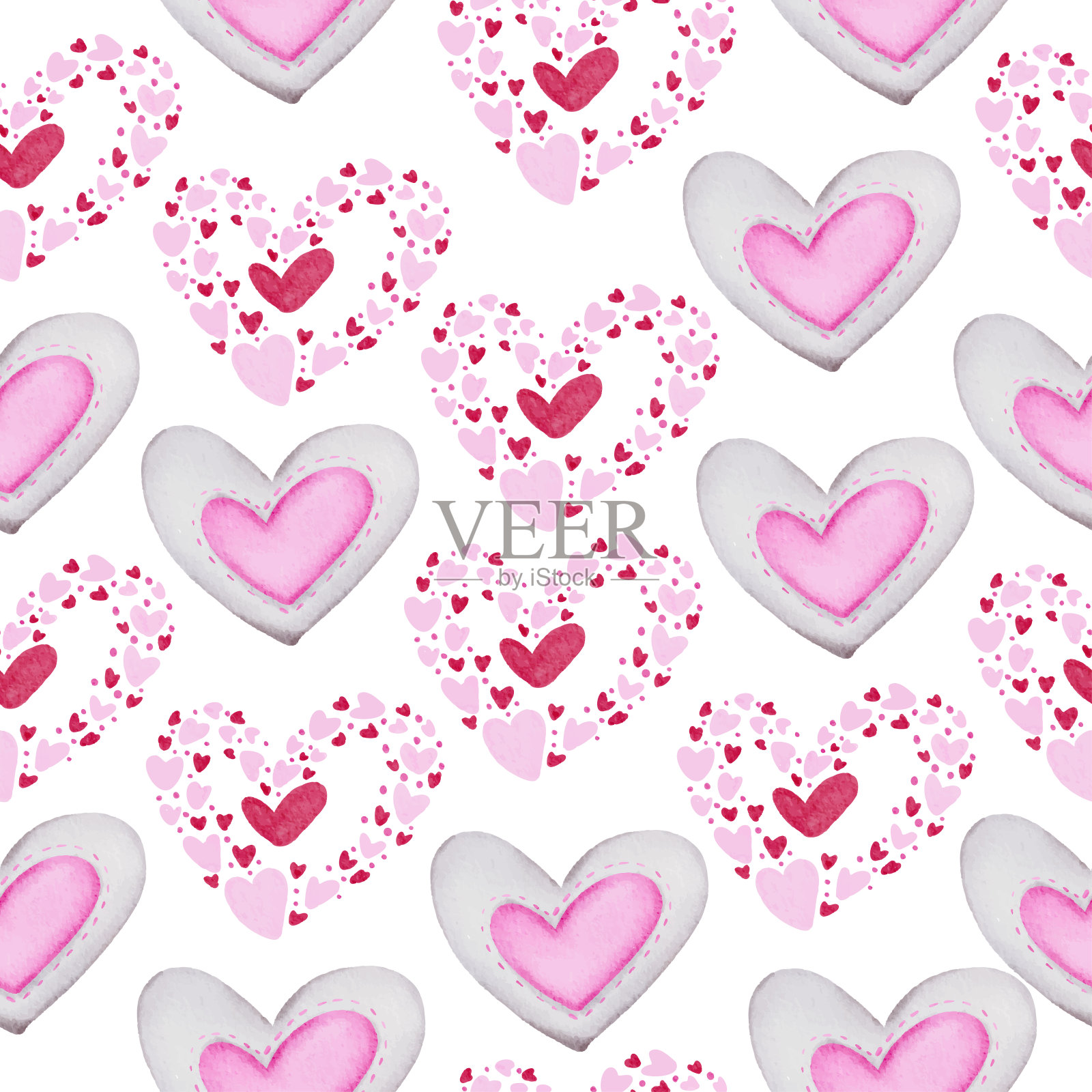 集大孤立的水彩情人节概念元素可爱浪漫的红粉红色心形装饰，矢量插图。插画图片素材