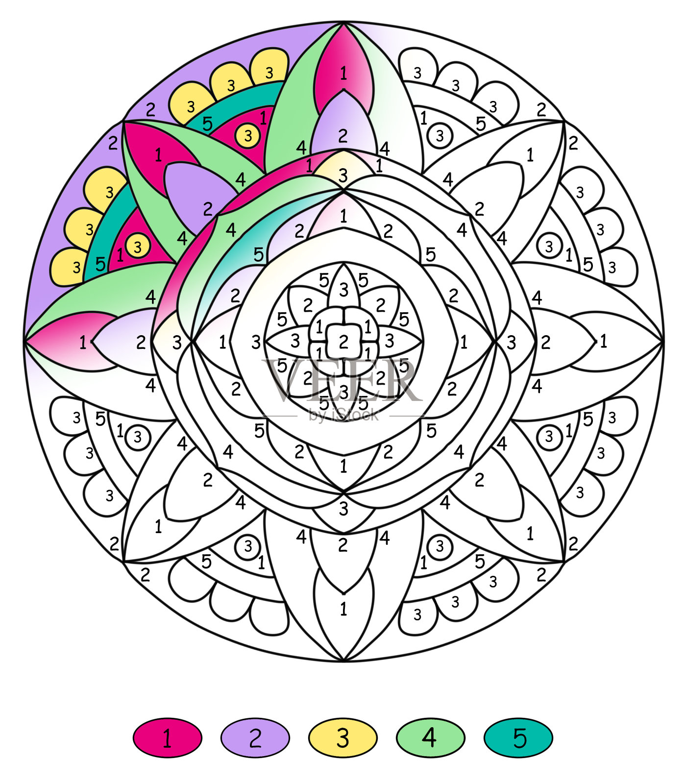曼荼罗着色数字绘制花卉饰品在粉红色和绿色的颜色，着色书的页面插画图片素材