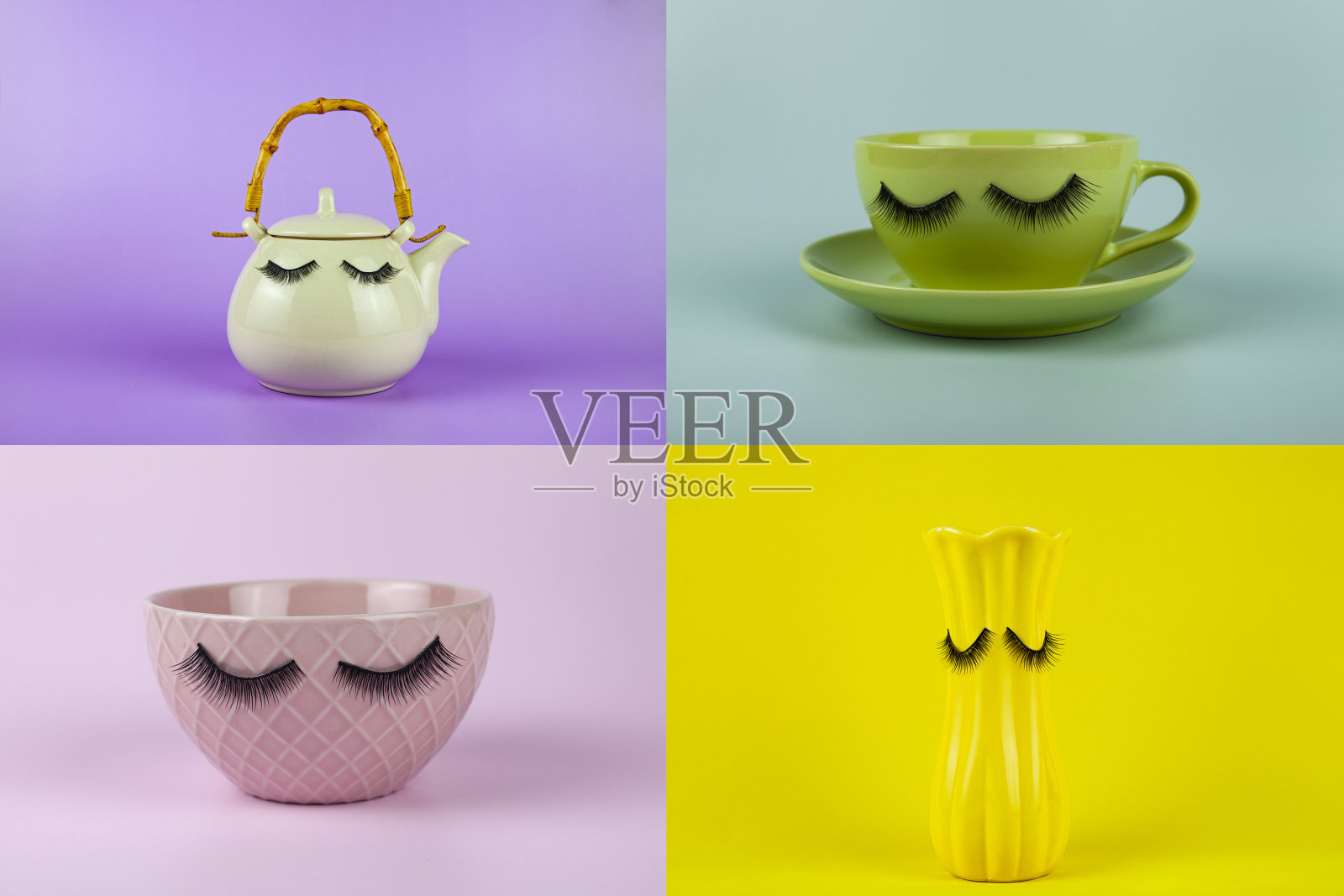 戴着假睫毛的有趣的盘子。照片摄影图片