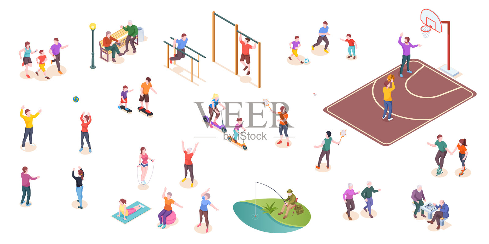 人们在公园体育活动时玩等距套图标素材