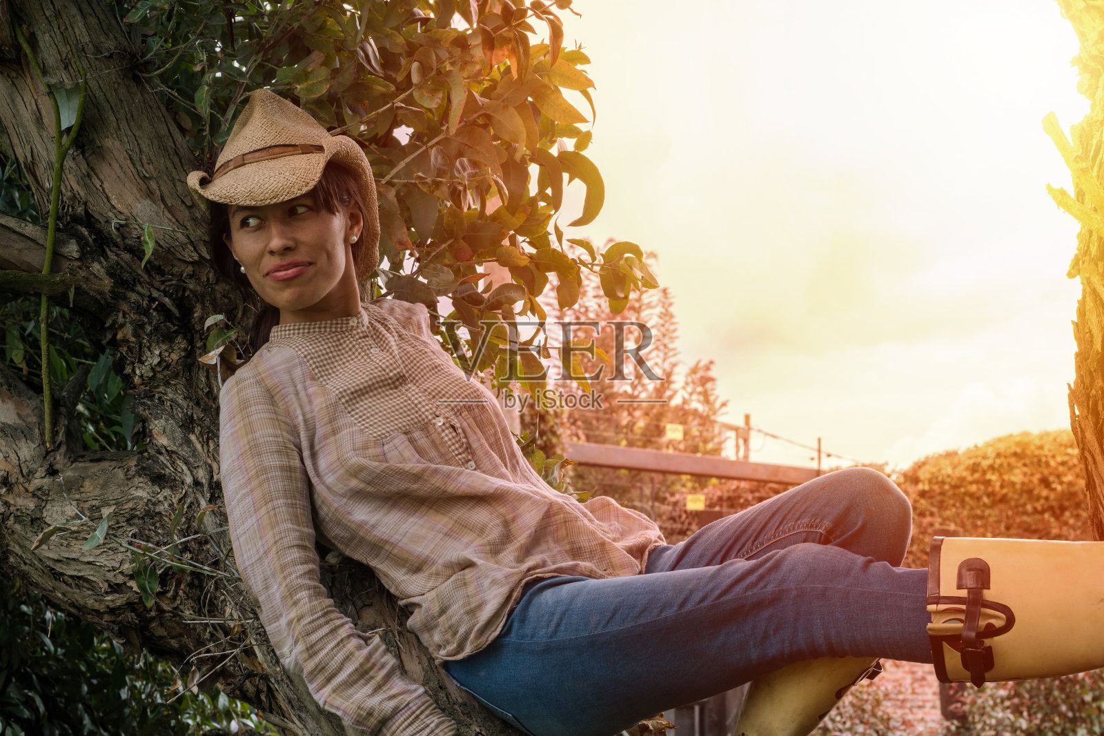 年轻的拉丁妇女，帽子挂在树枝上照片摄影图片