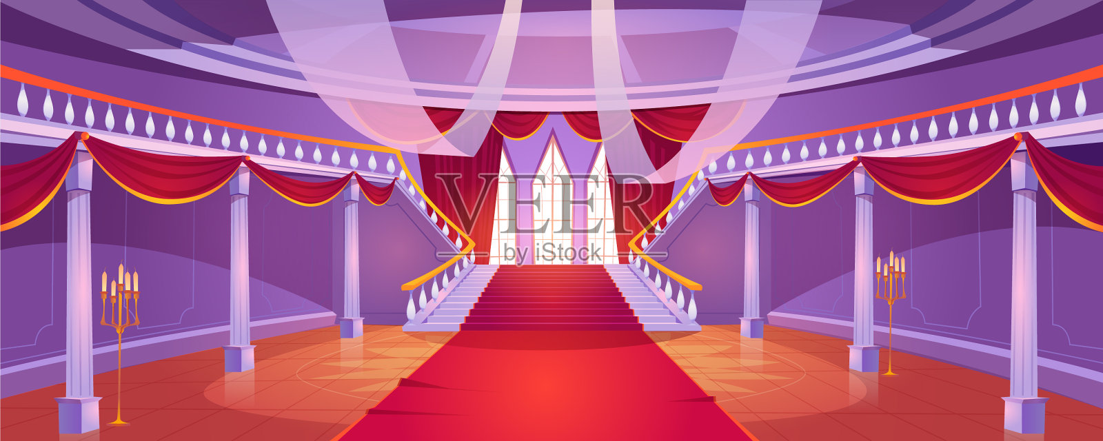 中世纪城堡的大厅内部有楼梯插画图片素材