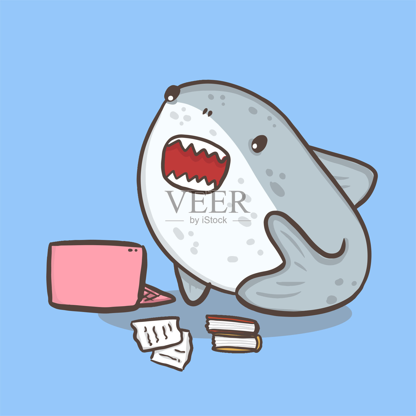 可爱的鲨鱼卡通学生动物在笔记本电脑上思考和学习，回到学校插画图片素材