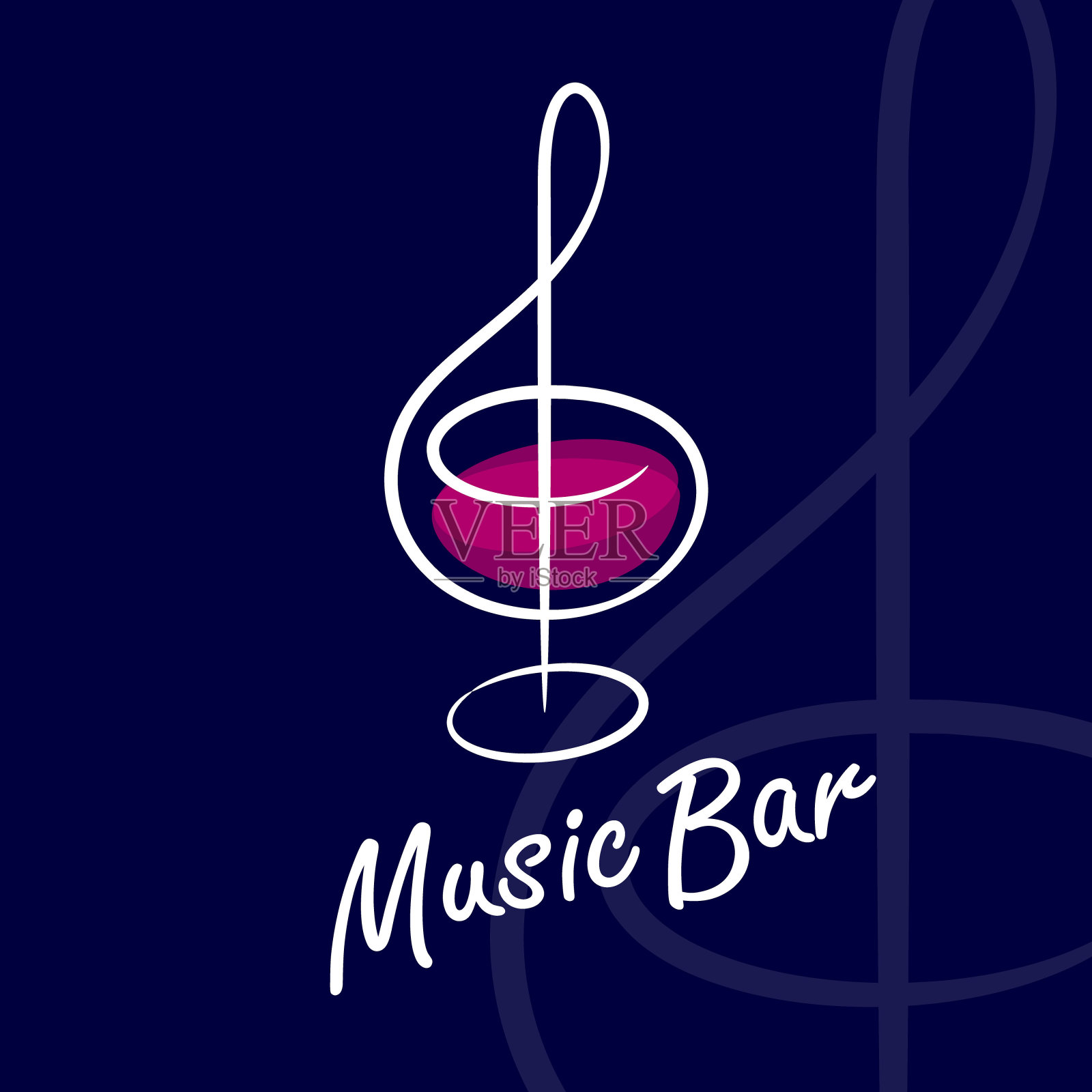 音乐酒吧图标。高音谱号如酒杯盛酒。卡拉ok和音乐俱乐部。插画图片素材