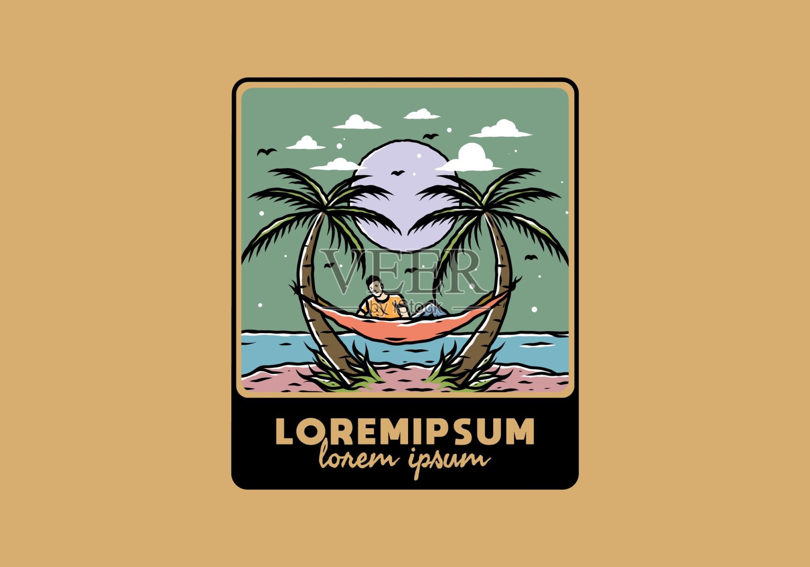 在沙滩上的吊床上放松插画图片素材